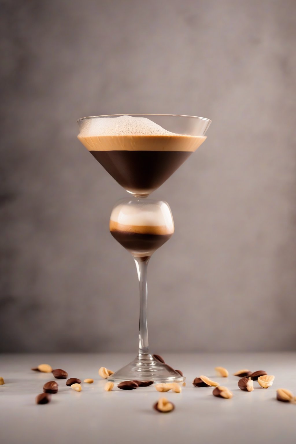 A high-resolution photo of a peanut butter espresso martini with nutty foam, under soft lighting.