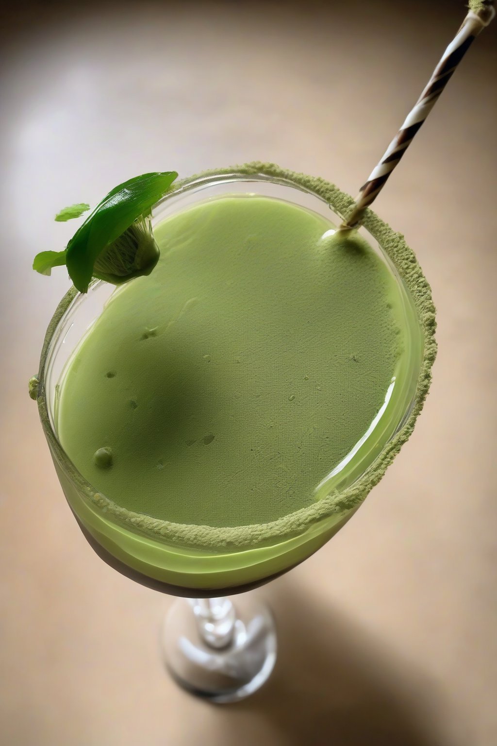 A high-resolution photo of a matcha espresso martini with green powder dusting, under soft lighting.