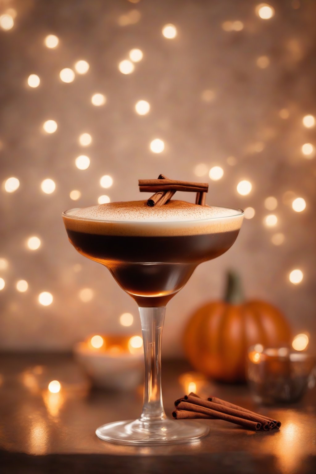 A high-resolution photo of a pumpkin spice espresso martini topped with cinnamon, warm tones, under soft lighting.