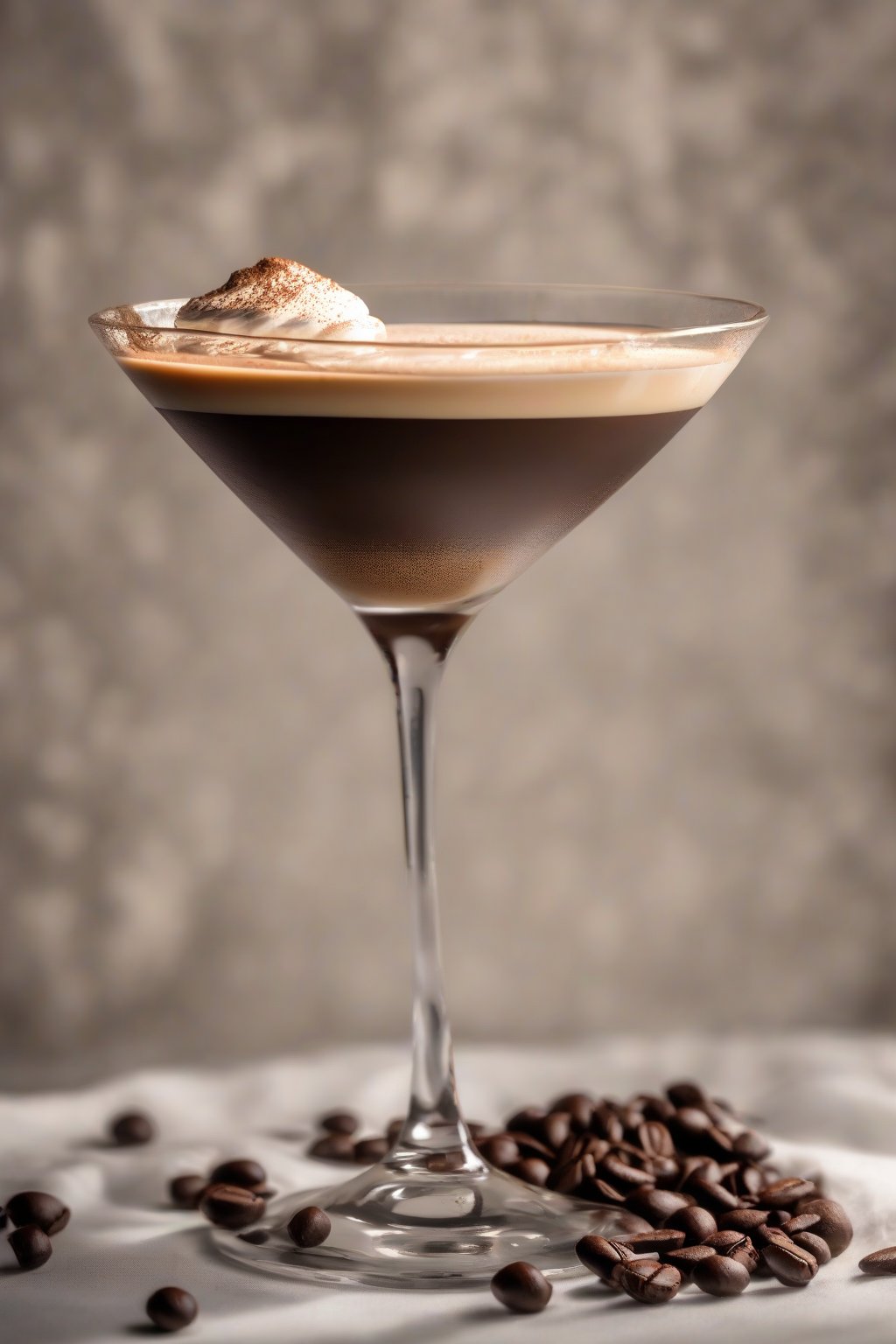 A high-resolution photo of an Irish cream espresso martini with thick crema, under soft lighting.