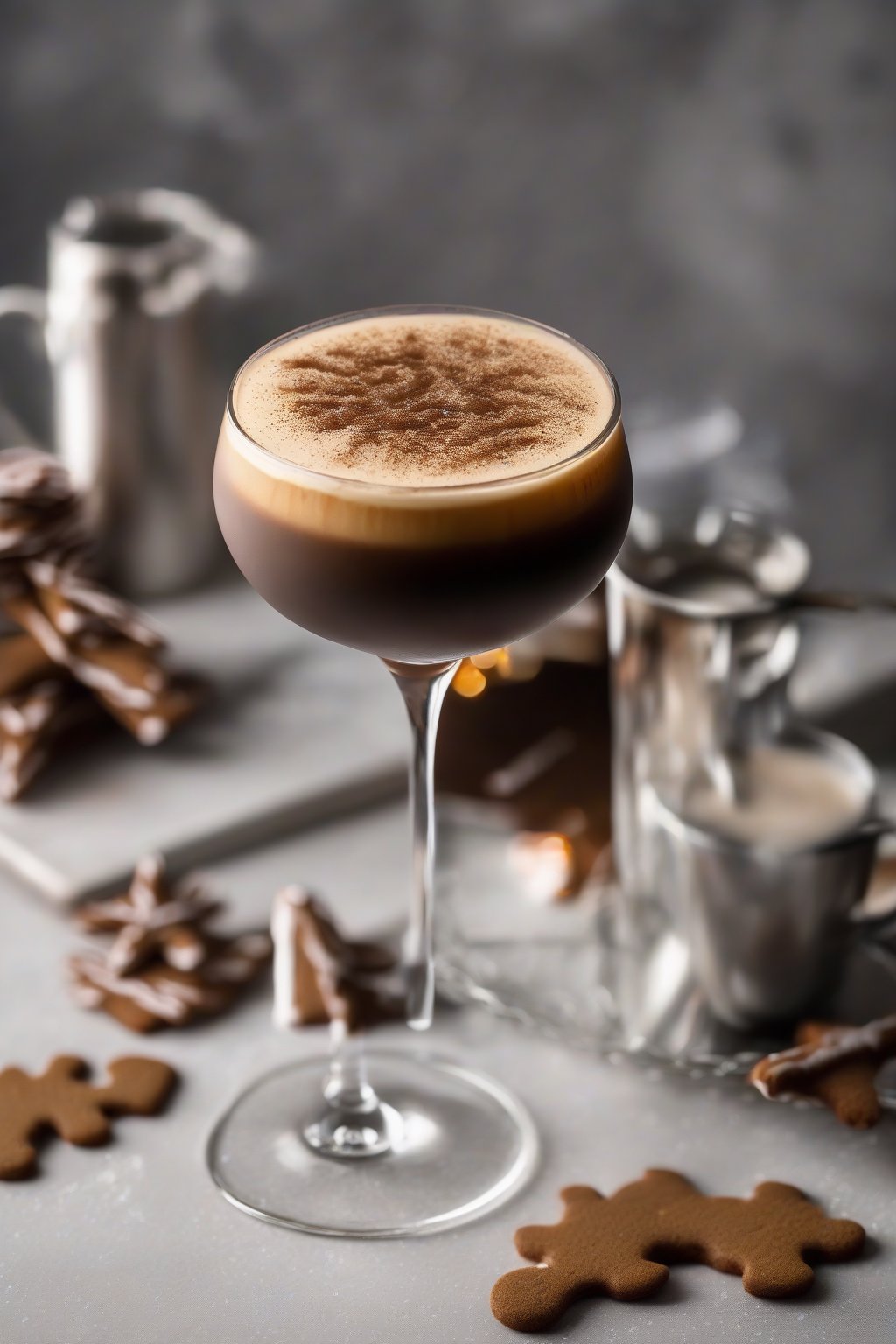 A high-resolution photo of a gingerbread espresso martini with candied ginger, under soft lighting.
