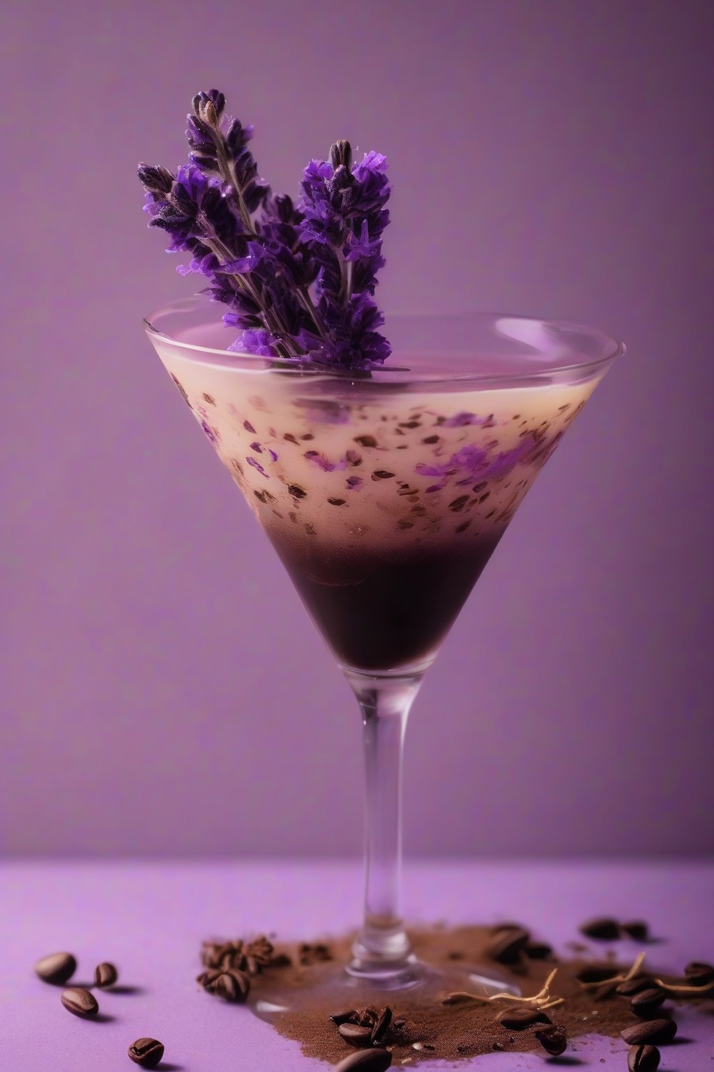 A high-resolution photo of a lavender espresso martini garnished with dried flowers, purple tint, under soft lighting.