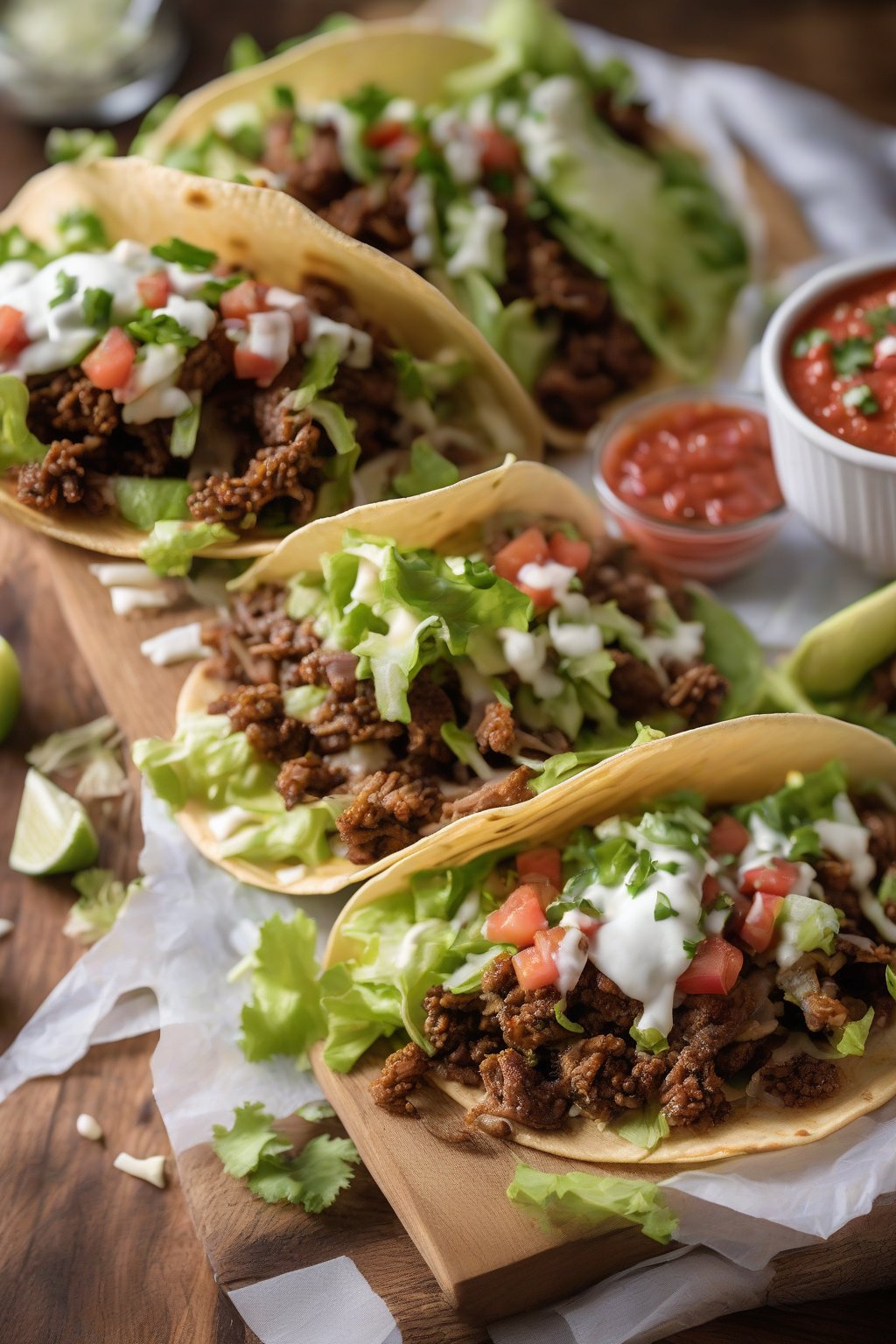 A high-resolution photo of crispy beef tacos topped with fresh lettuce, cheese, and salsa on a wooden board under soft lighting.