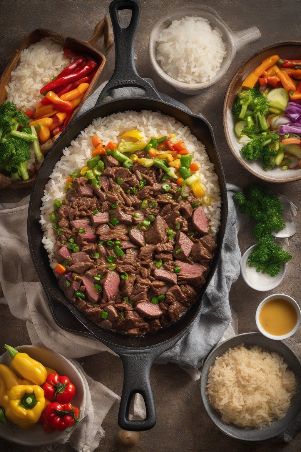 A high-resolution photo of steaming beef and rice skillet with colorful veggies under soft lighting.
