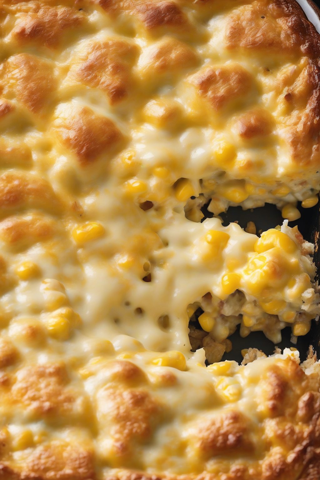 A high-resolution photo of triple cheese Jiffy corn casserole, oozing with layered cheeses in a cross-section view, under soft lighting.