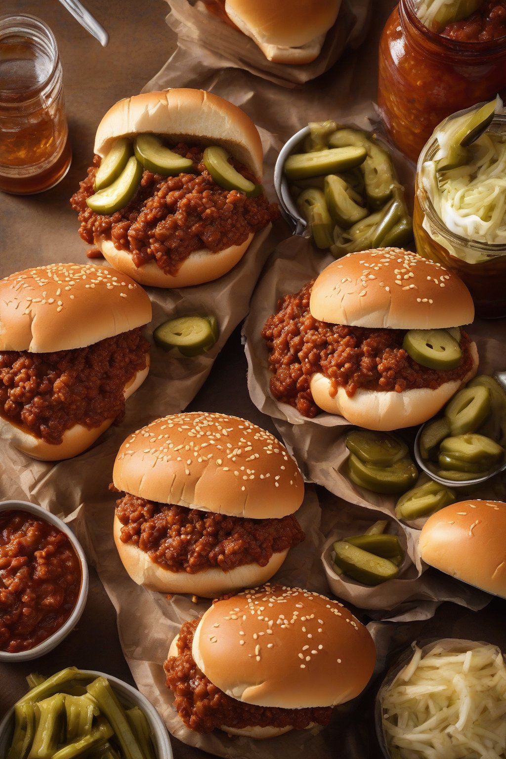 A high-resolution photo of sloppy joes piled high on soft buns with a side of pickles under soft lighting.