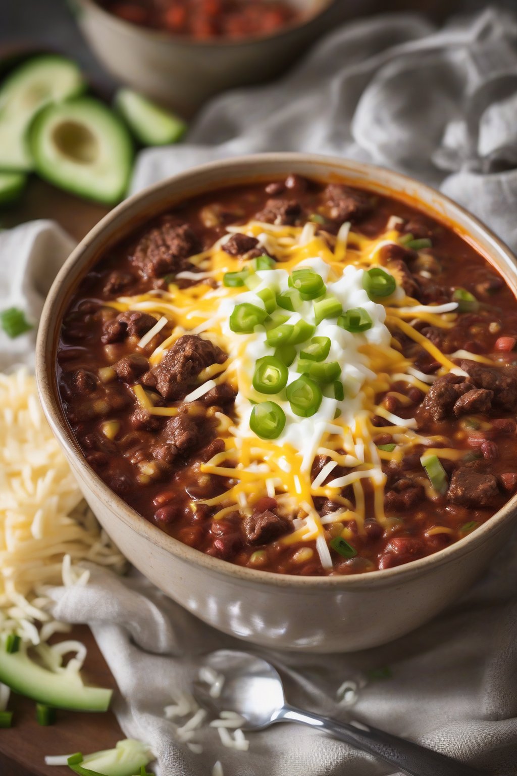 A high-resolution photo of hearty beef chili topped with cheese and green onions in a bowl under soft lighting.