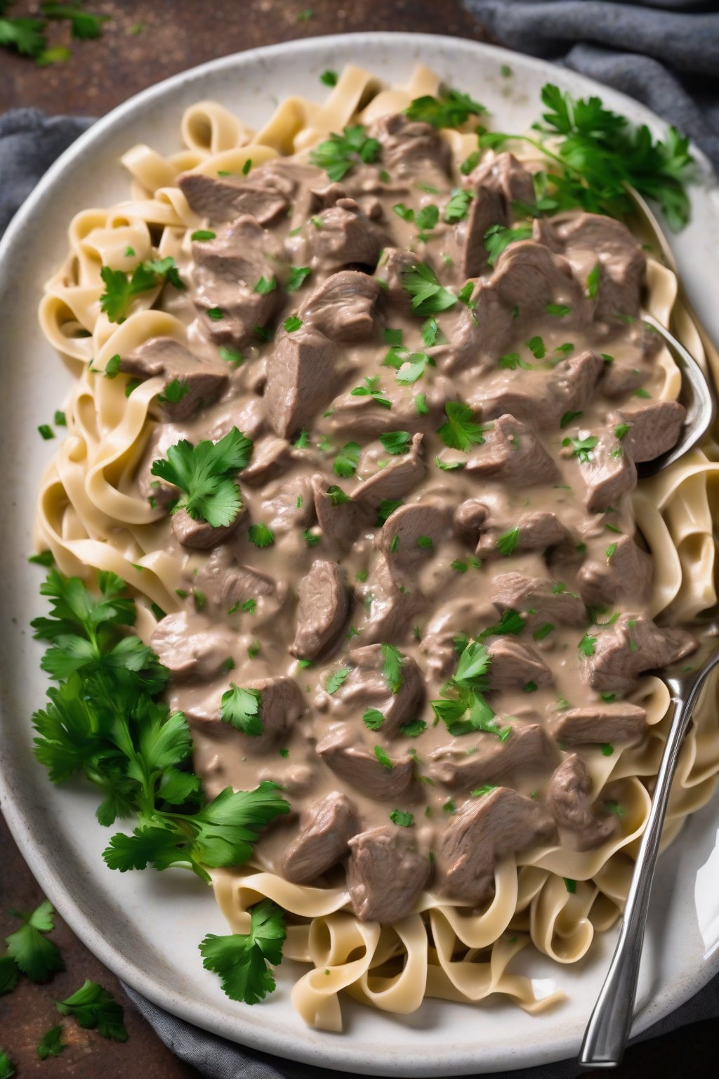 A high-resolution photo of creamy beef stroganoff over noodles garnished with parsley under soft lighting.