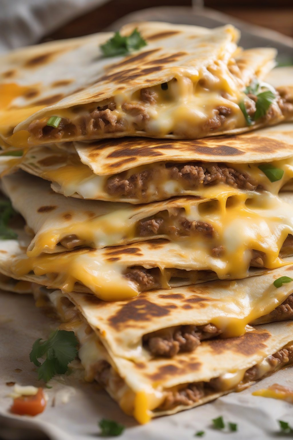 A high-resolution photo of golden cheesy beef quesadillas sliced open with melted cheese oozing under soft lighting.