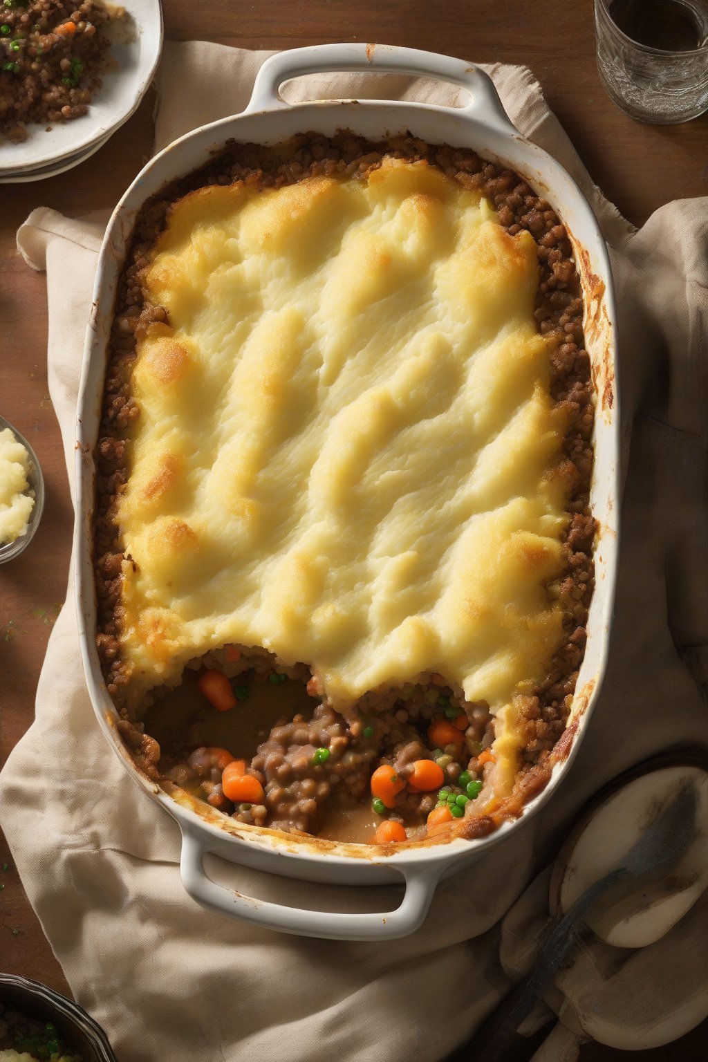 A high-resolution photo of shepherd's pie with golden mashed potato topping and bubbly edges under soft lighting.