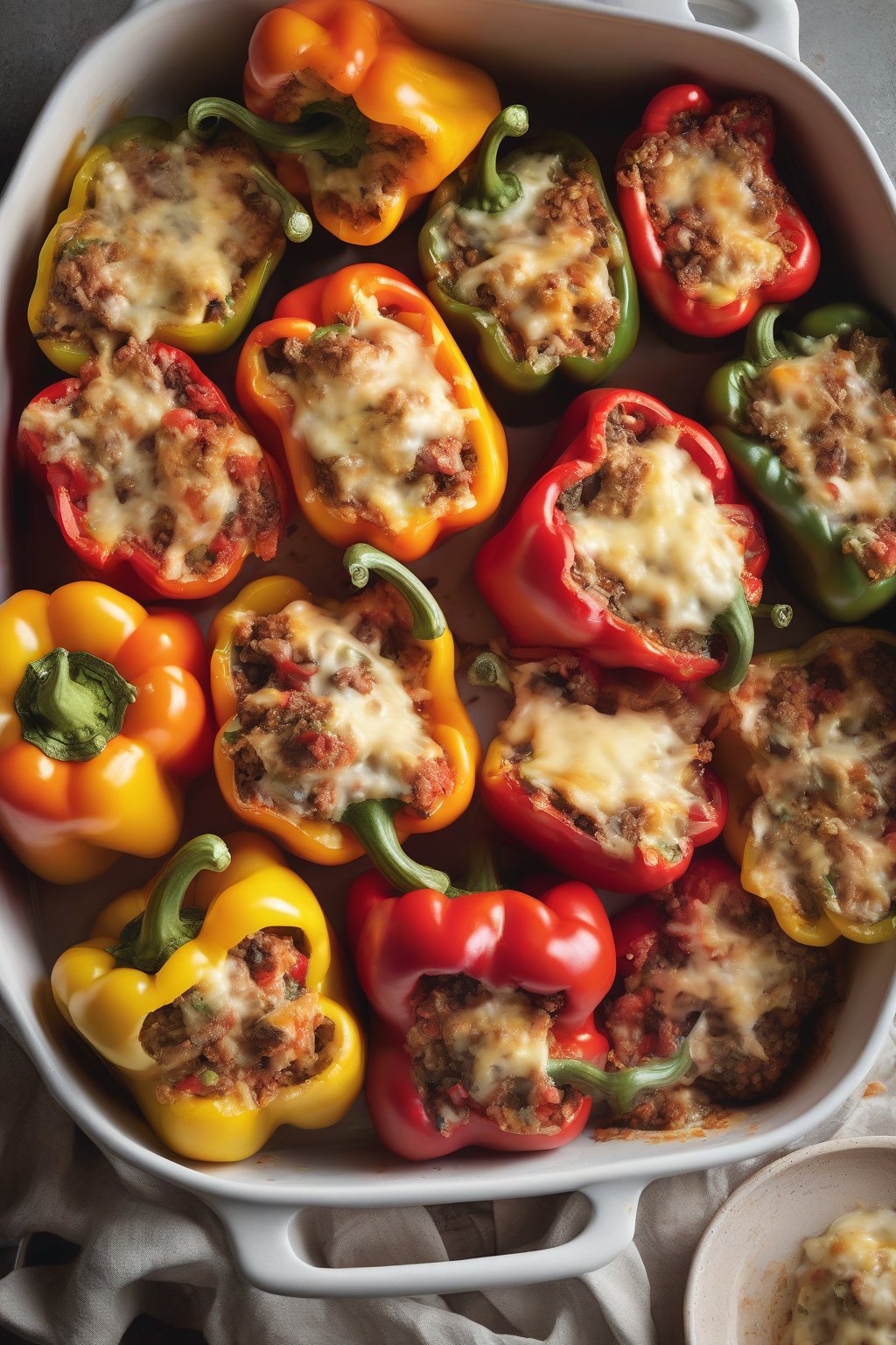 A high-resolution photo of colorful stuffed peppers oozing cheese in a baking dish under soft lighting.
