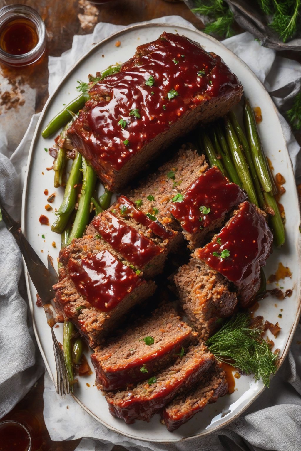A high-resolution photo of glazed meatloaf slices with veggie flecks on a platter under soft lighting.