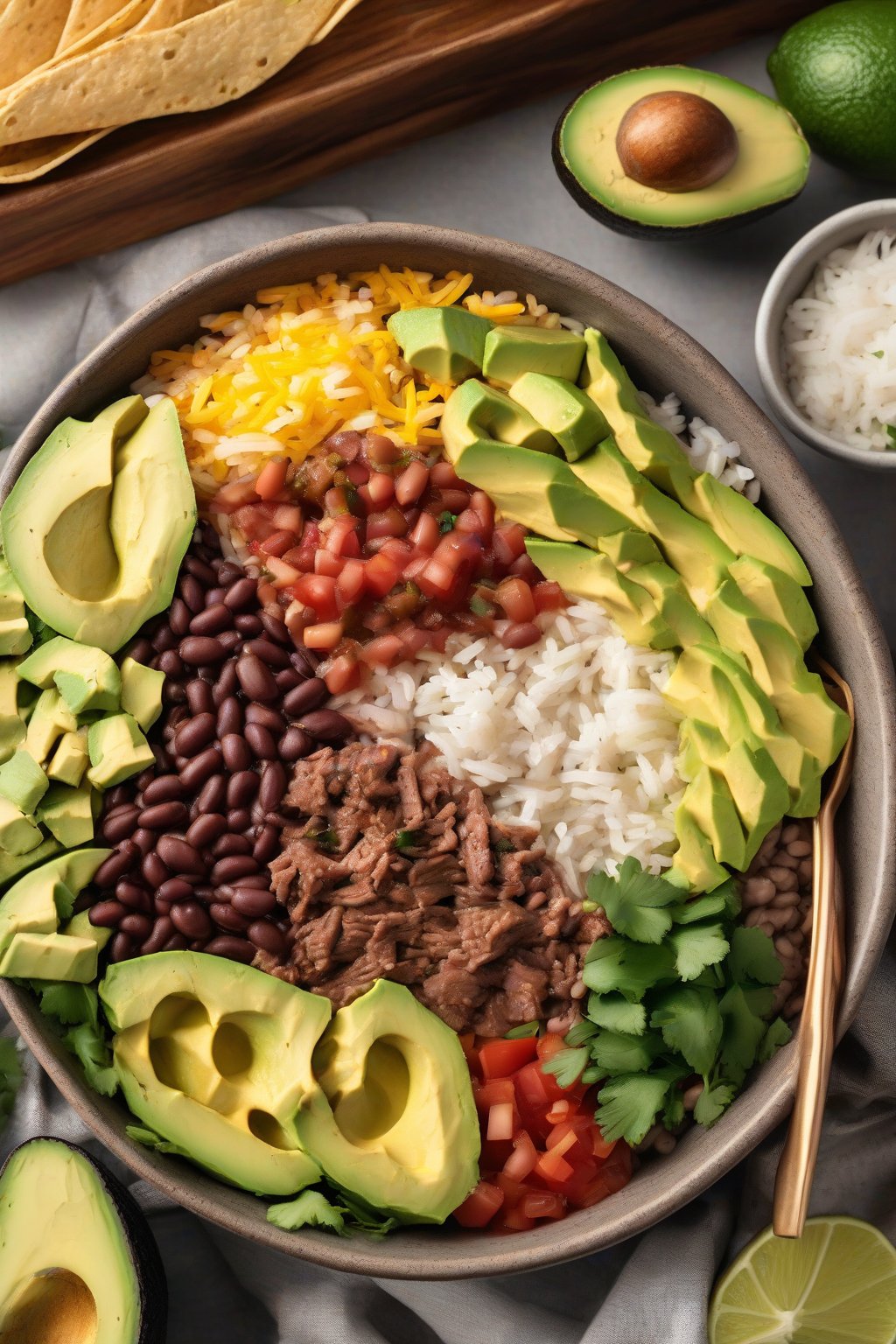 A high-resolution photo of layered beef burrito bowl with rice, beans, and fresh avocado under soft lighting.
