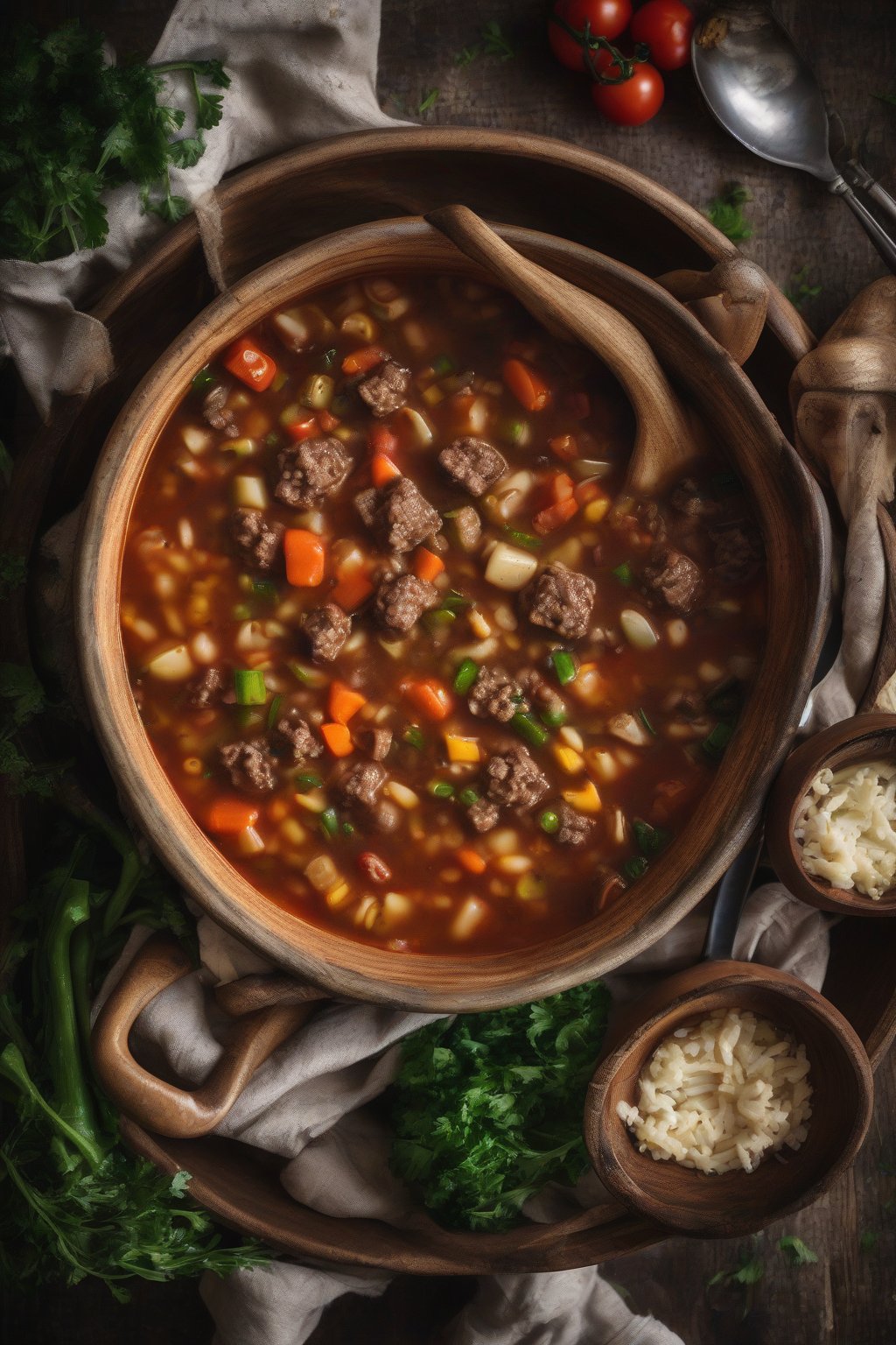 A high-resolution photo of steaming hamburger soup with chunks of veggies in a rustic bowl under soft lighting.
