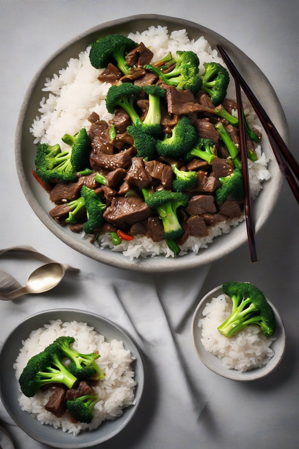 A high-resolution photo of glossy beef and broccoli stir-fry over white rice under soft lighting.