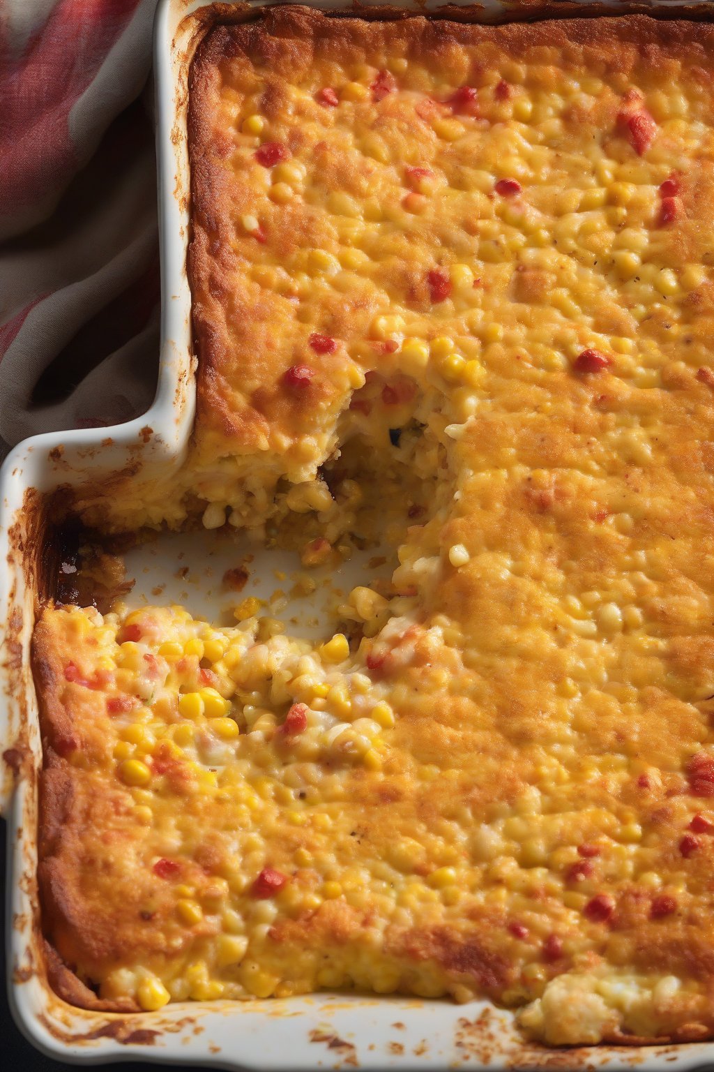 A high-resolution photo of pimiento-speckled cheesy Jiffy corn casserole, bright red flecks against golden cornbread, under soft lighting.