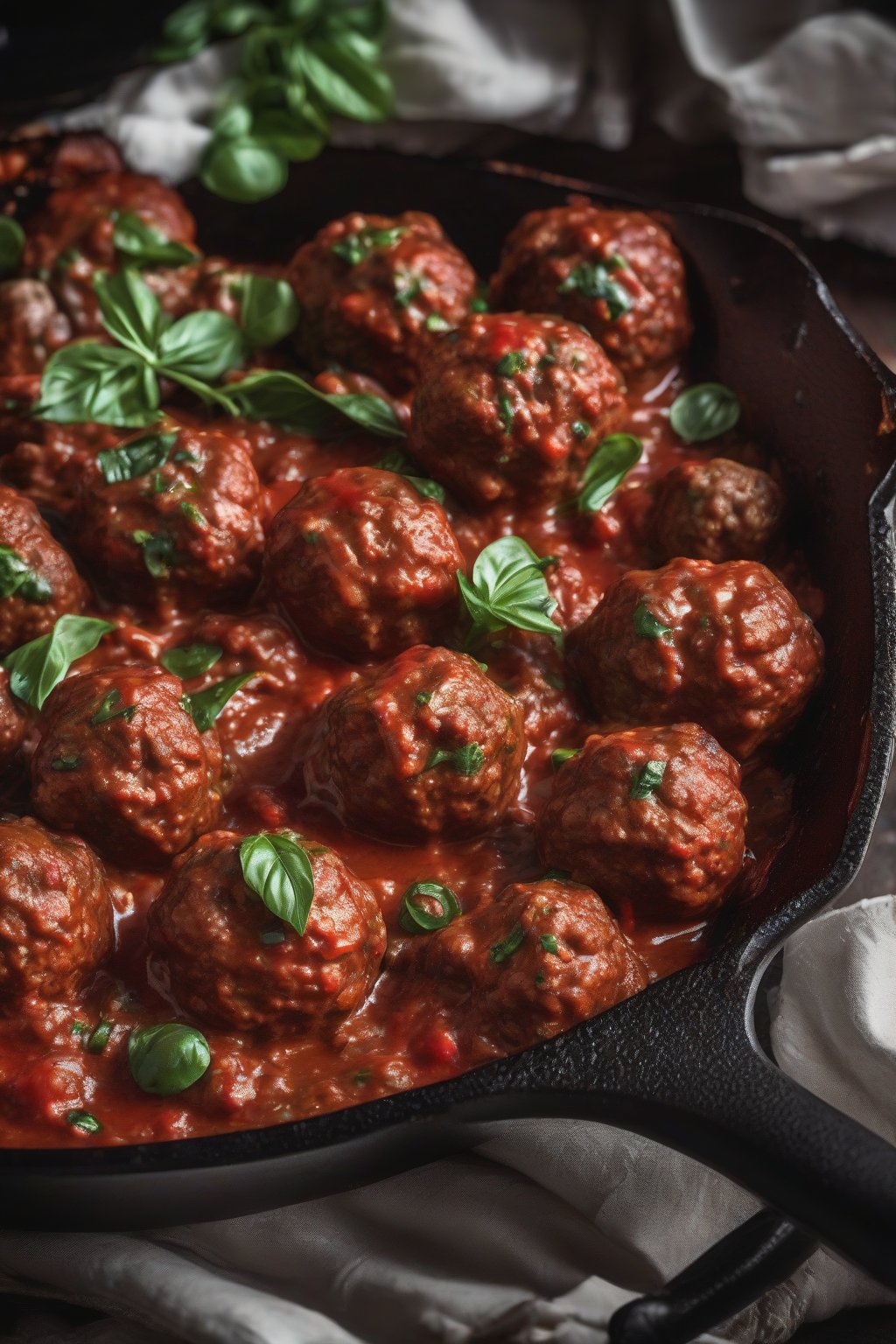 A high-resolution photo of saucy Italian beef meatballs in a cast-iron skillet under soft lighting.