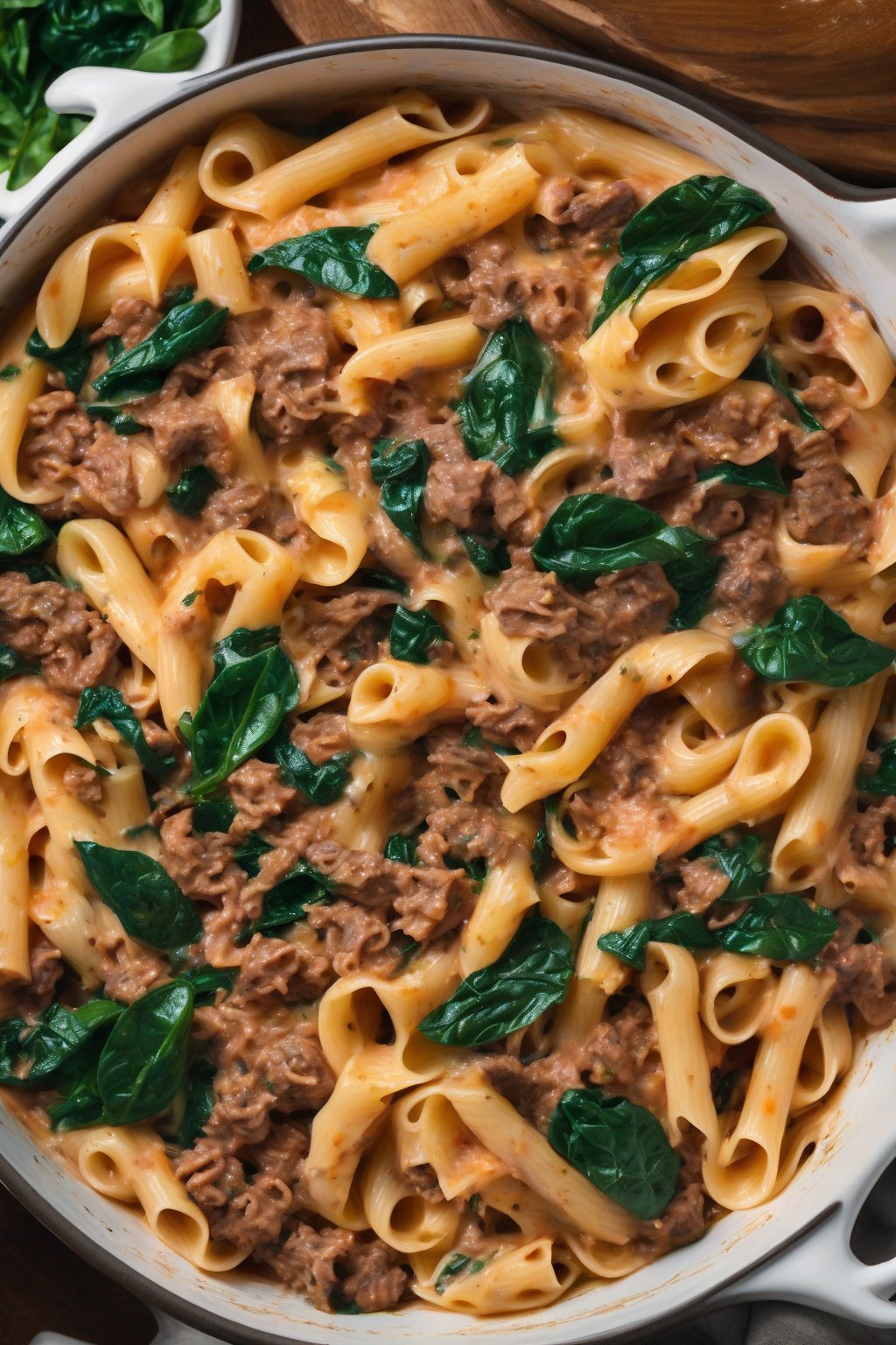 A high-resolution photo of cheesy one-pot beef pasta with wilted spinach under soft lighting.