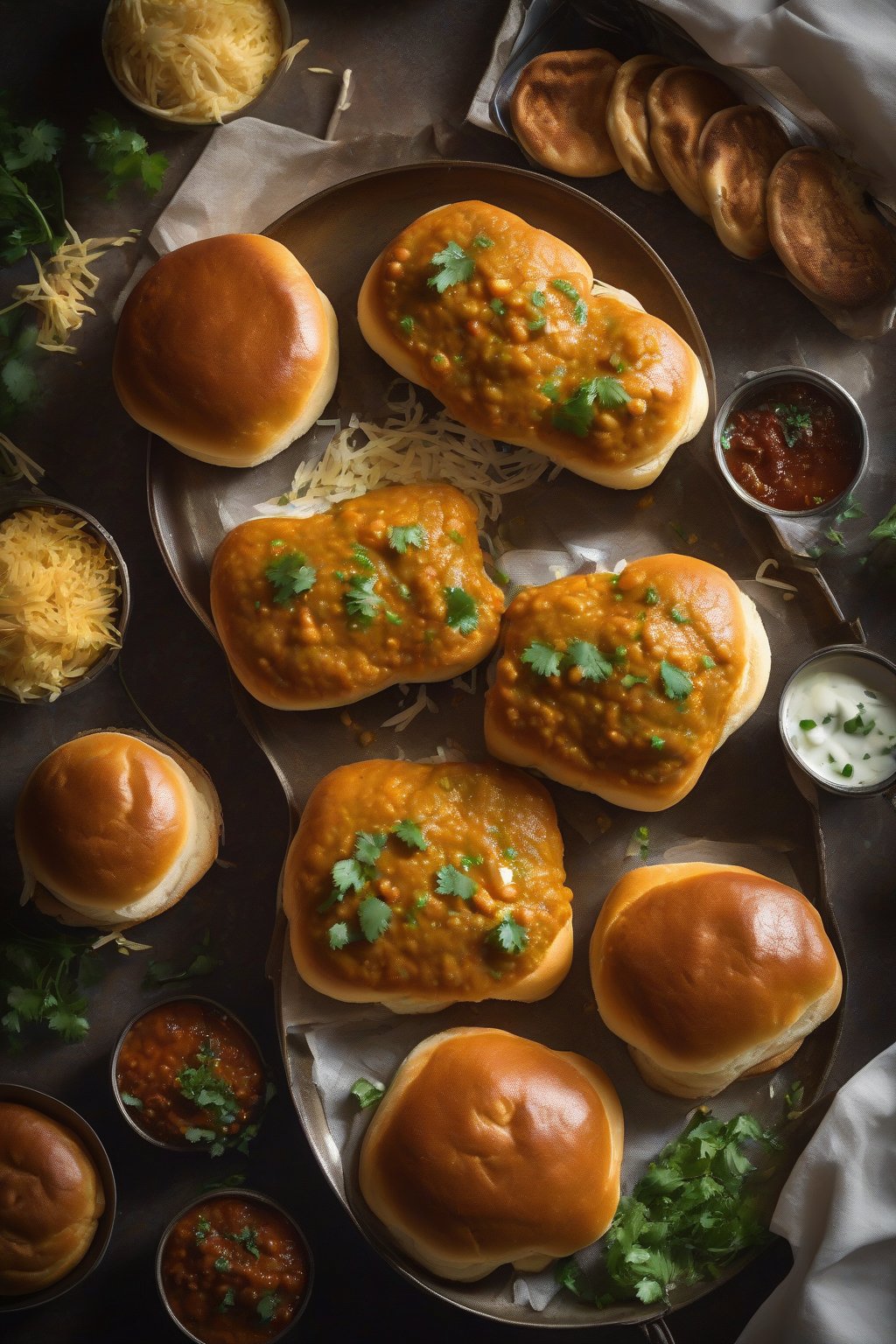 A high-resolution photo of classic buttery pav bhaji with golden pav buns on the side, steam rising, under soft lighting.