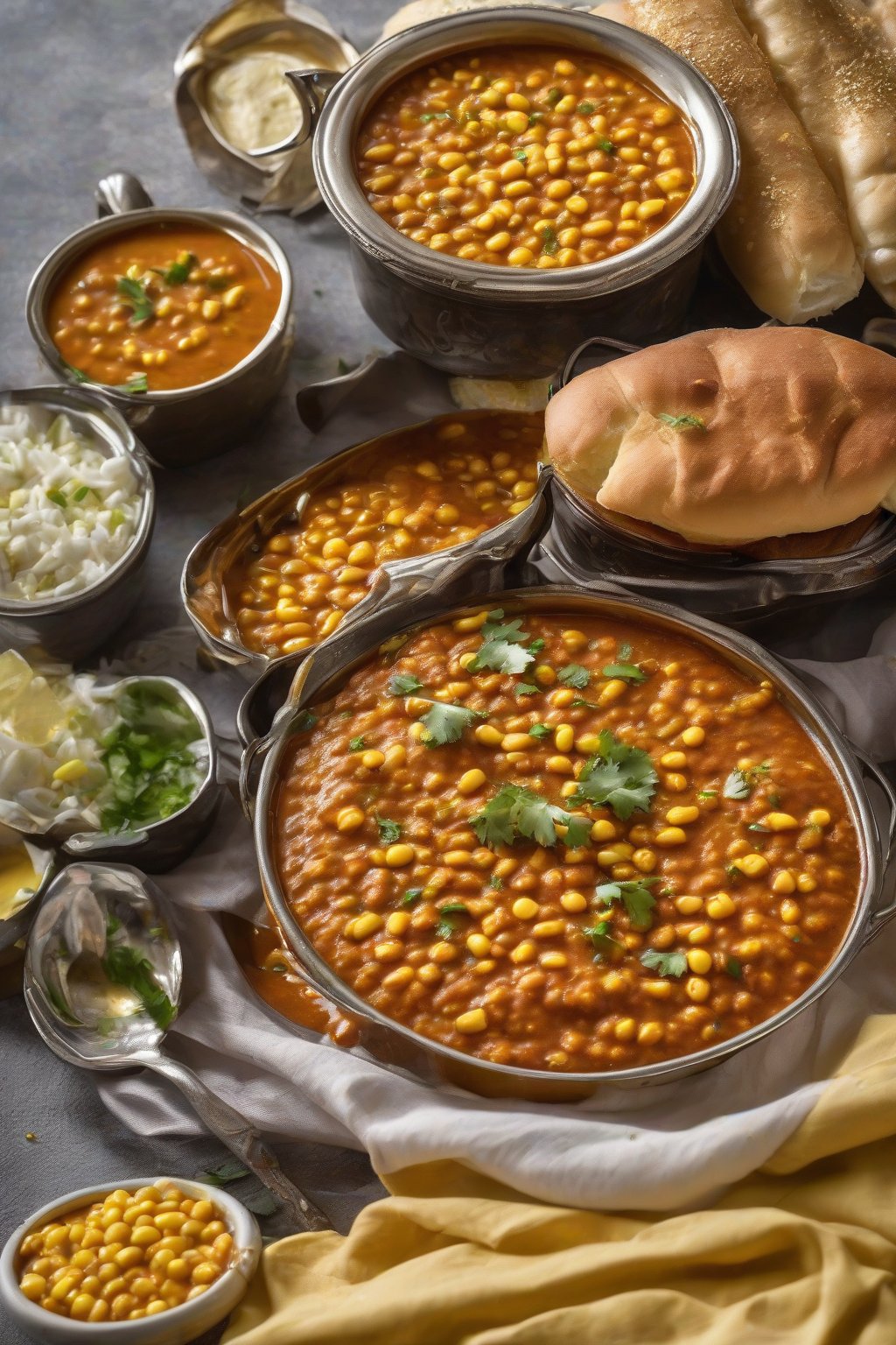 A high-resolution photo of butter corn pav bhaji with vibrant yellow corn kernels in rich gravy, buttery pav nearby, under soft lighting.