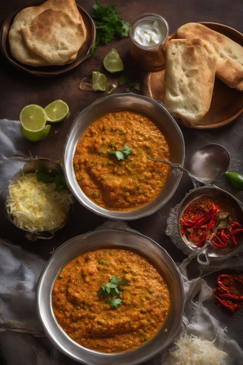A high-resolution photo of spicy butter blast pav bhaji with red chili flecks and bubbling butter, served hot with pav, under soft lighting.