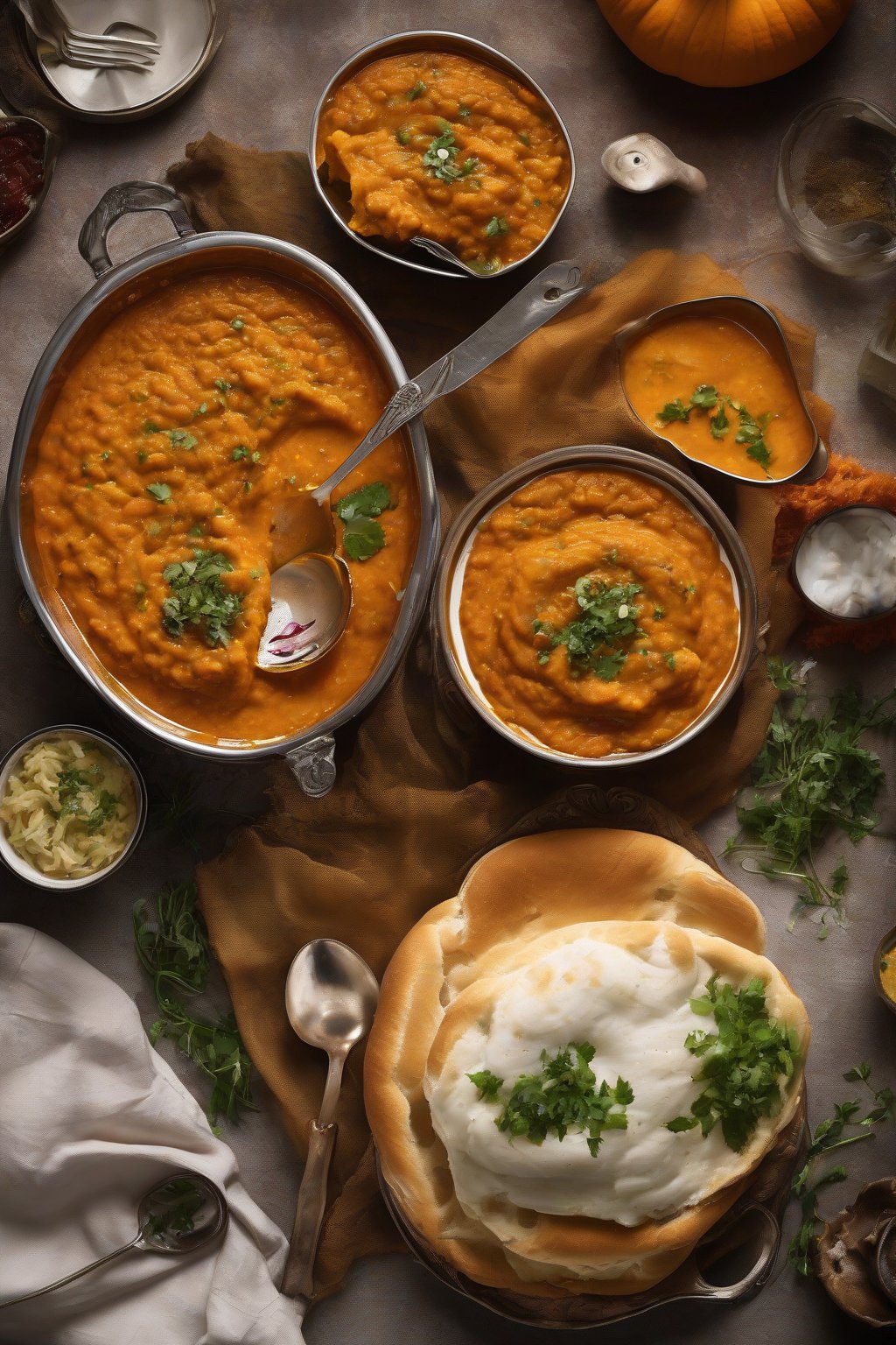 A high-resolution photo of pumpkin buttery pav bhaji in orange-hued gravy, garnished with herbs and pav, under soft lighting.