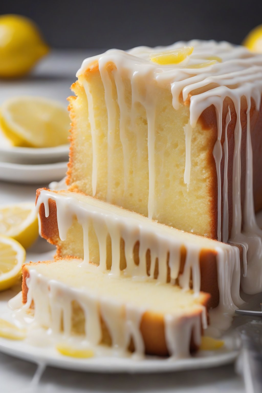A high-resolution close-up photo of a glazed lemon pound cake slice, shiny icing dripping, under soft lighting.