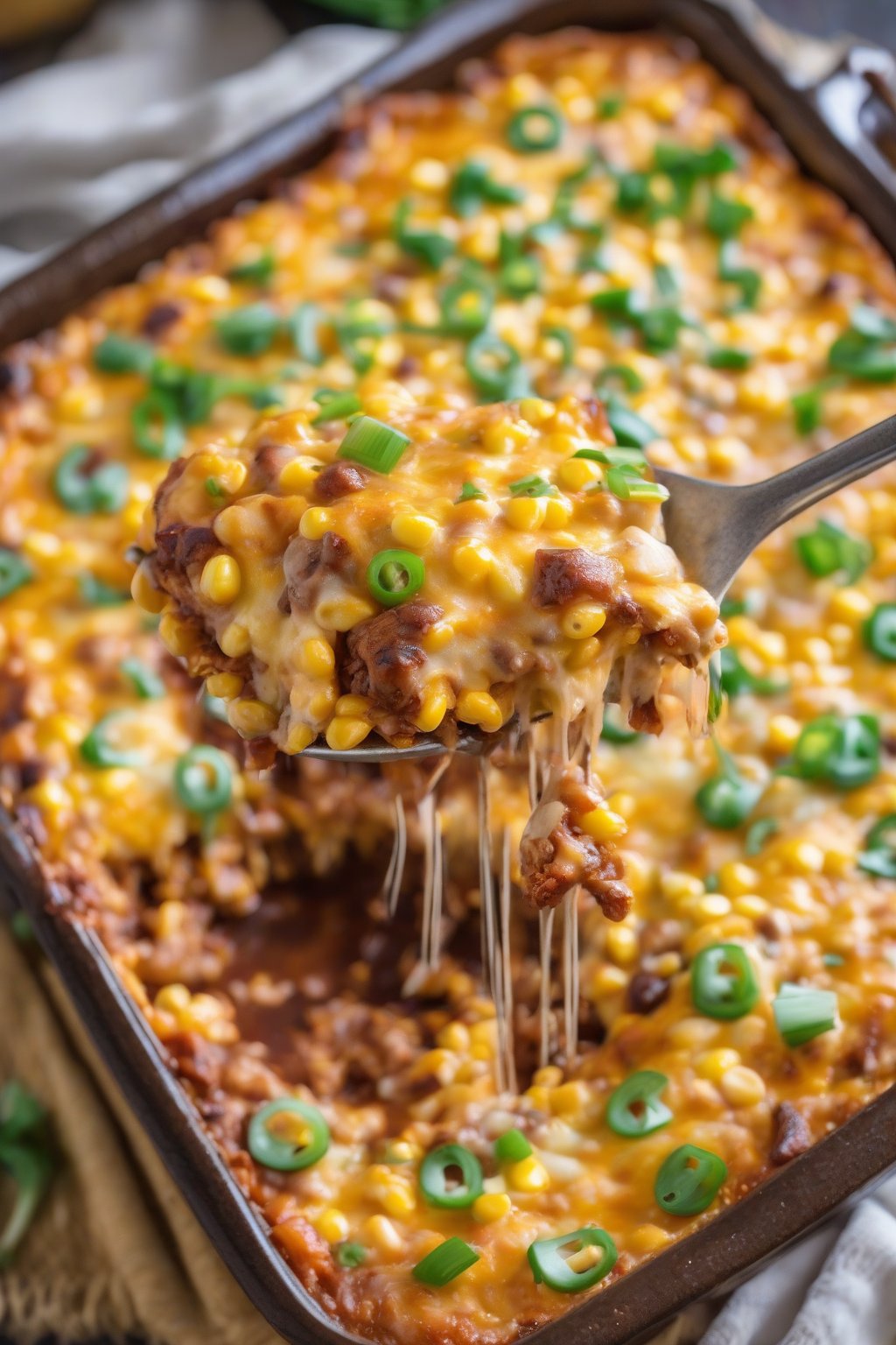 A high-resolution photo of loaded BBQ cheesy Jiffy corn casserole, saucy and studded with green onions, under soft lighting.