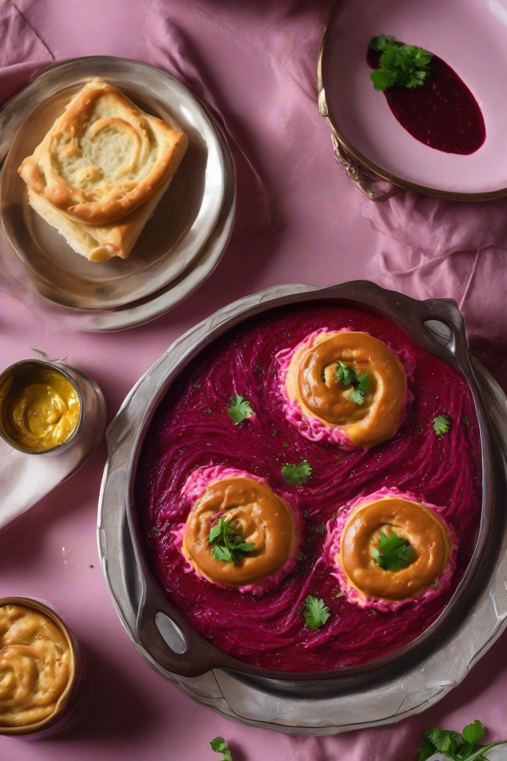 A high-resolution photo of beetroot buttery pav bhaji with deep pink gravy and golden butter swirls, pav on side, under soft lighting.