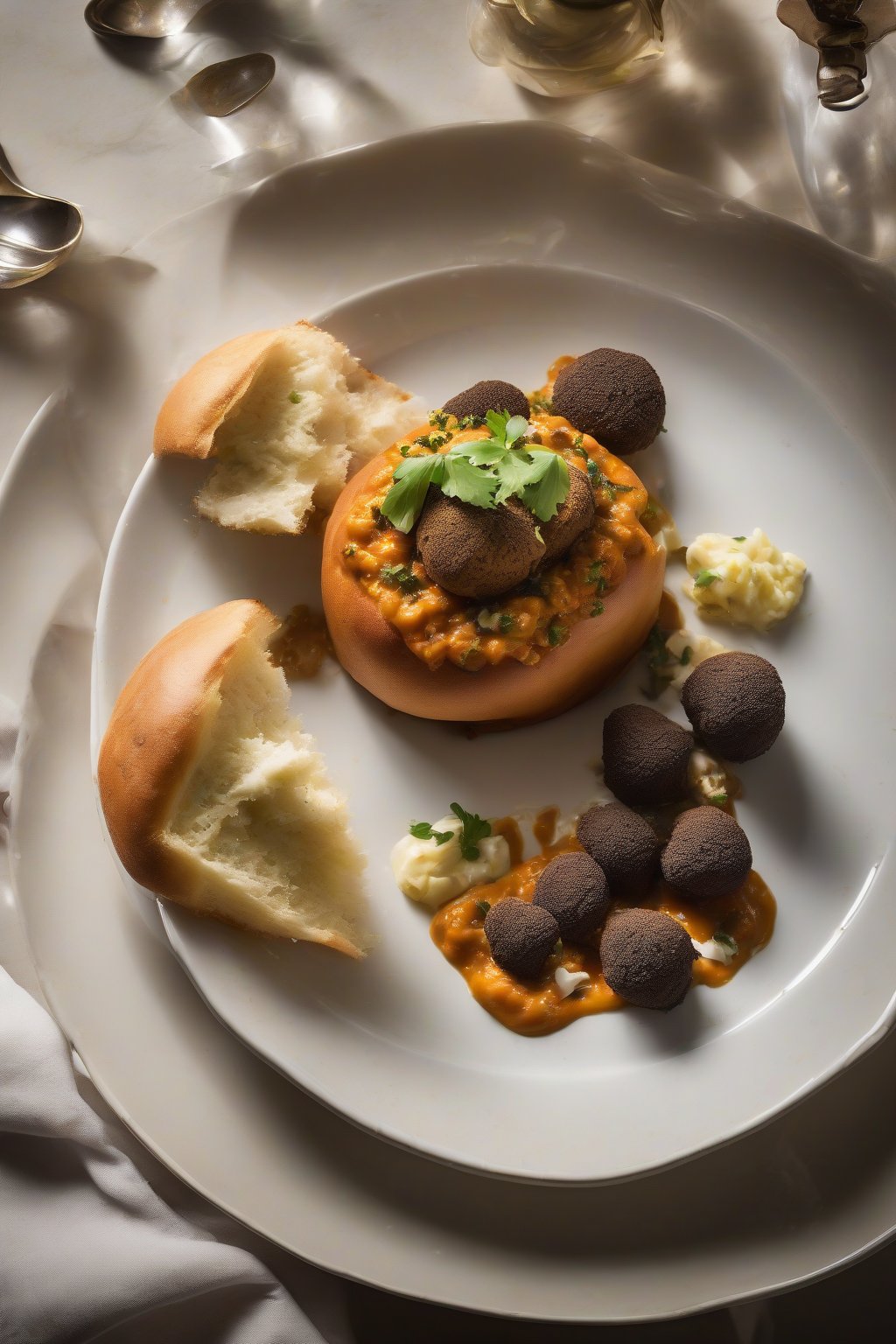 A high-resolution photo of truffle butter pav bhaji with shaved truffles on top, elegant plating with pav, under soft lighting.