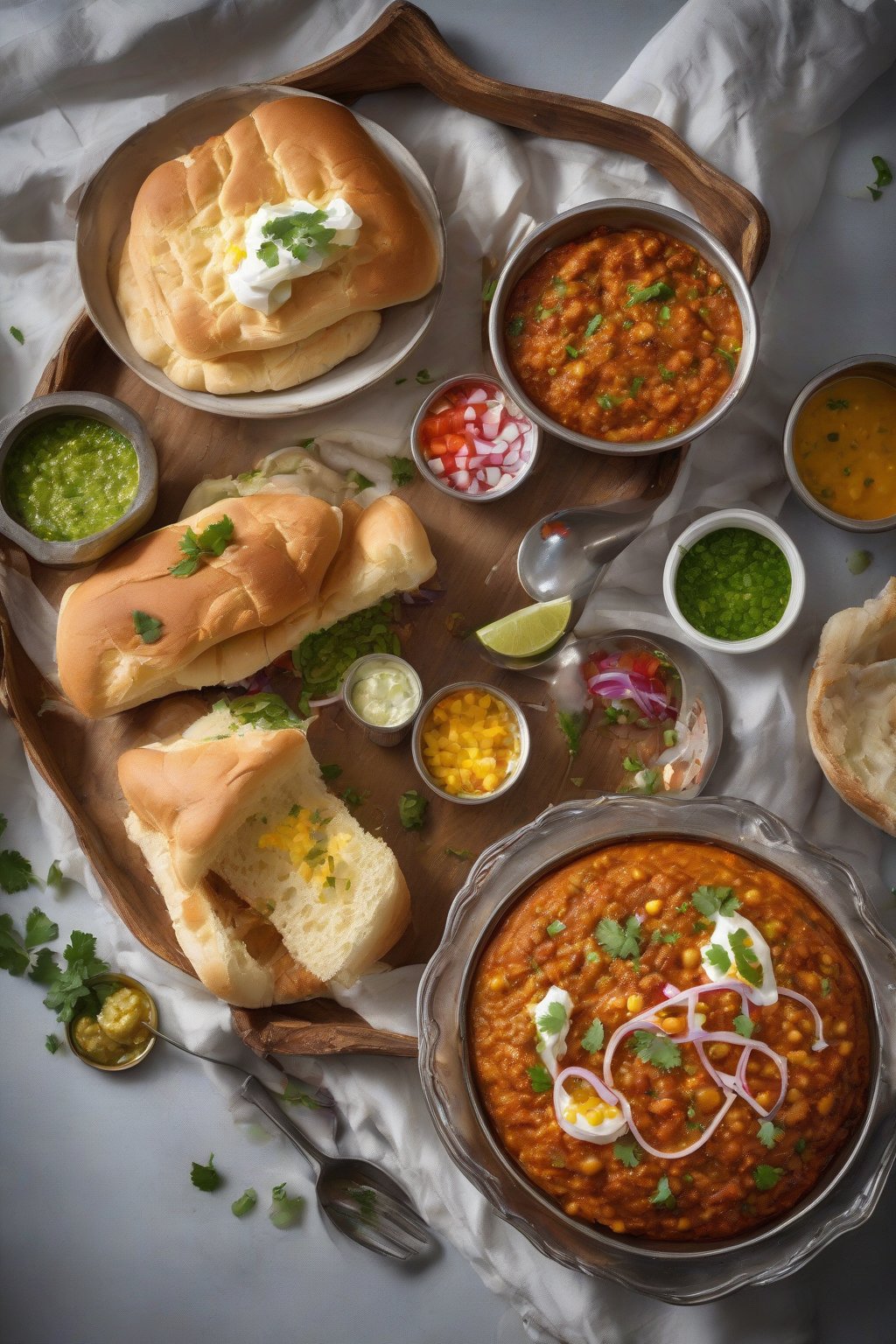 A high-resolution photo of loaded butter pav bhaji piled high with toppings and butter pools, pav ready, under soft lighting.