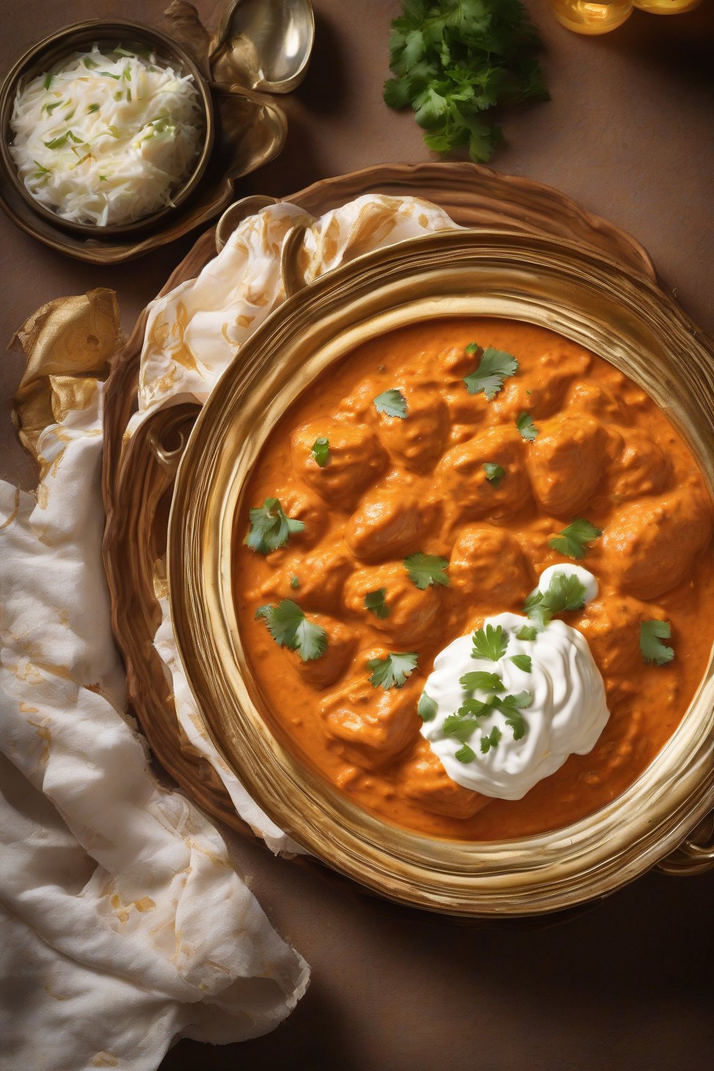 A high-resolution photo of butter chicken-inspired pav bhaji in creamy orange gravy, garnished with cream swirls and pav, under soft lighting.