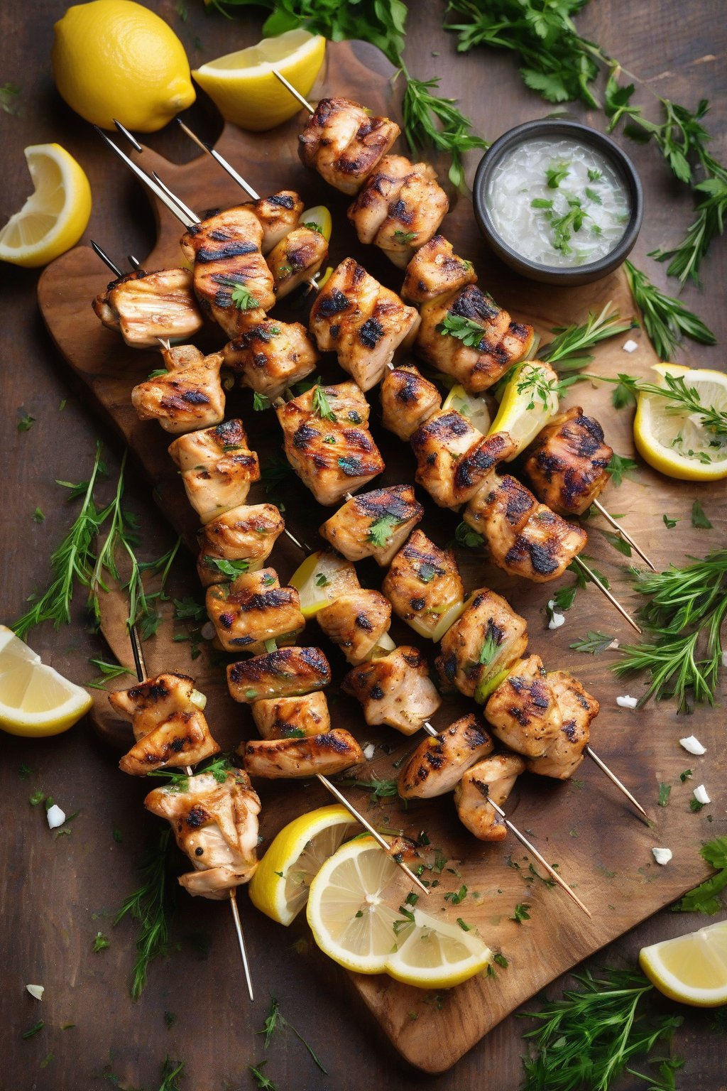 A high-resolution photo of lemon garlic grilled chicken skewers on a wooden board, glistening with herbs and lemon wedges under soft lighting.