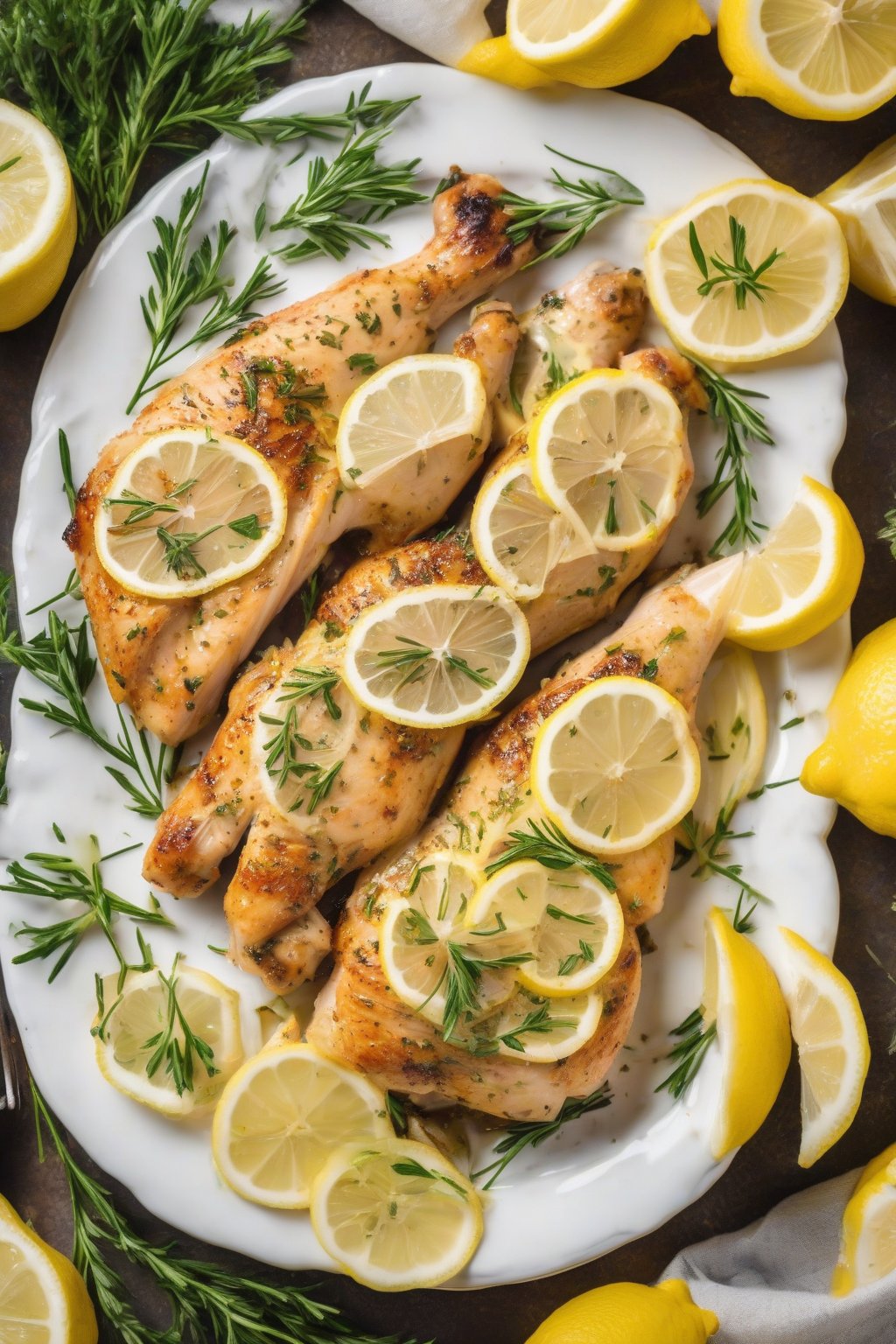 A high-resolution photo of herb-infused lemon baked chicken slices on a white plate with lemon slices, under soft lighting.