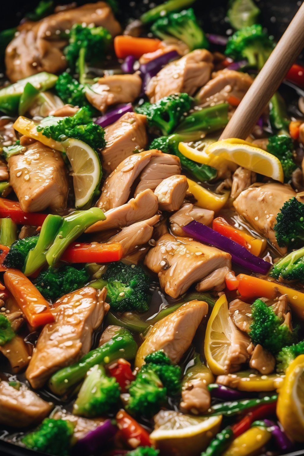 A high-resolution photo of zesty lemon chicken stir-fry in a wok with colorful veggies, steam rising under soft lighting.
