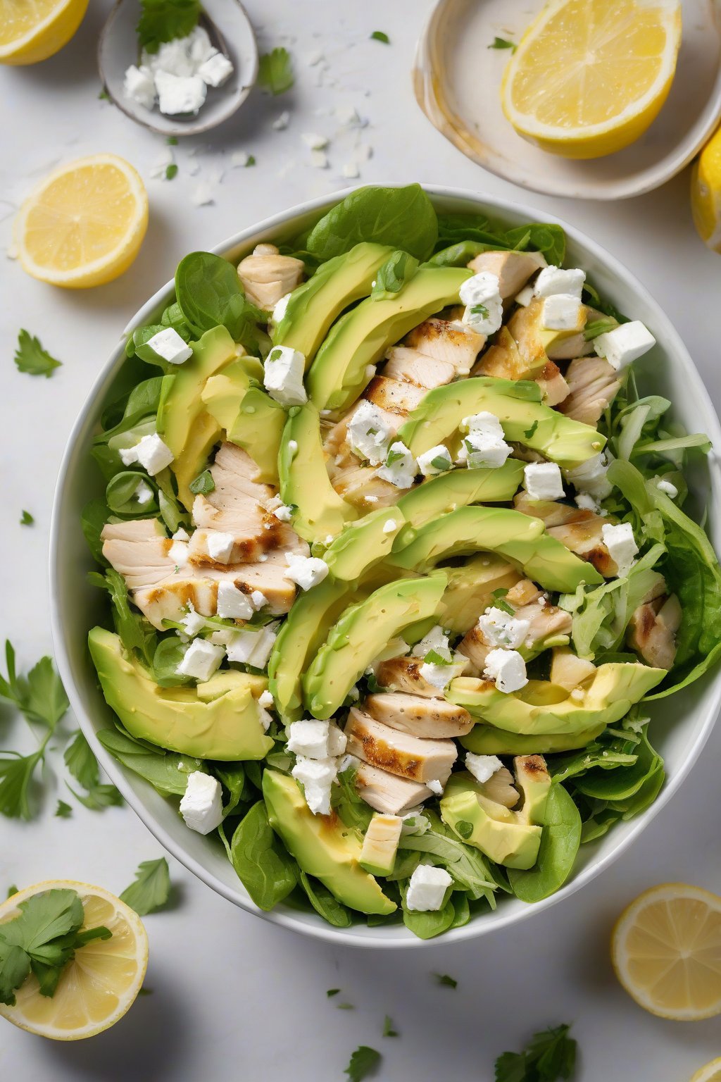 A high-resolution photo of lemon chicken avocado salad in a bowl, topped with feta and lemon zest under soft lighting.
