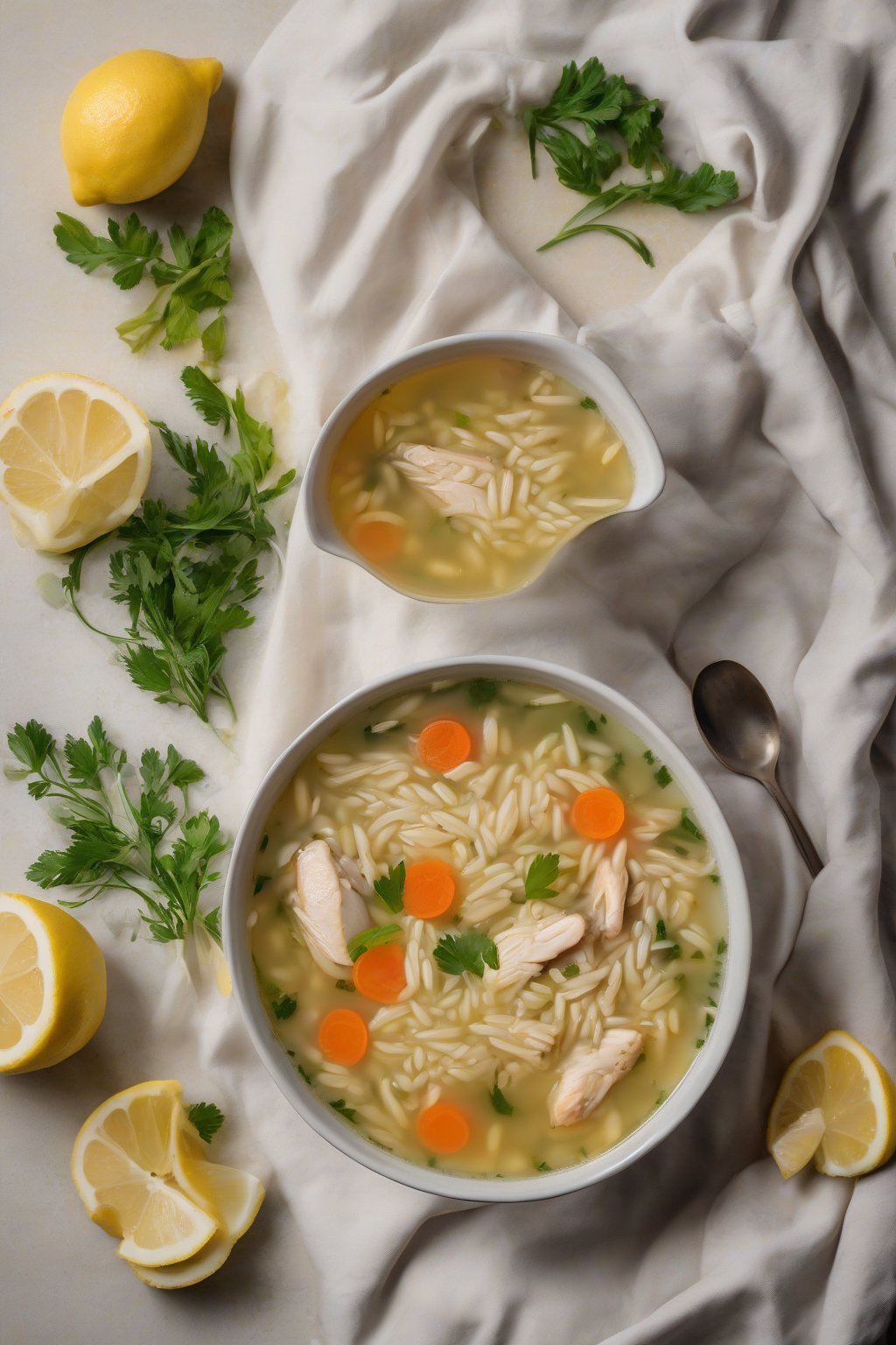 A high-resolution photo of light lemon chicken orzo soup in a bowl with lemon slices floating, under soft lighting.
