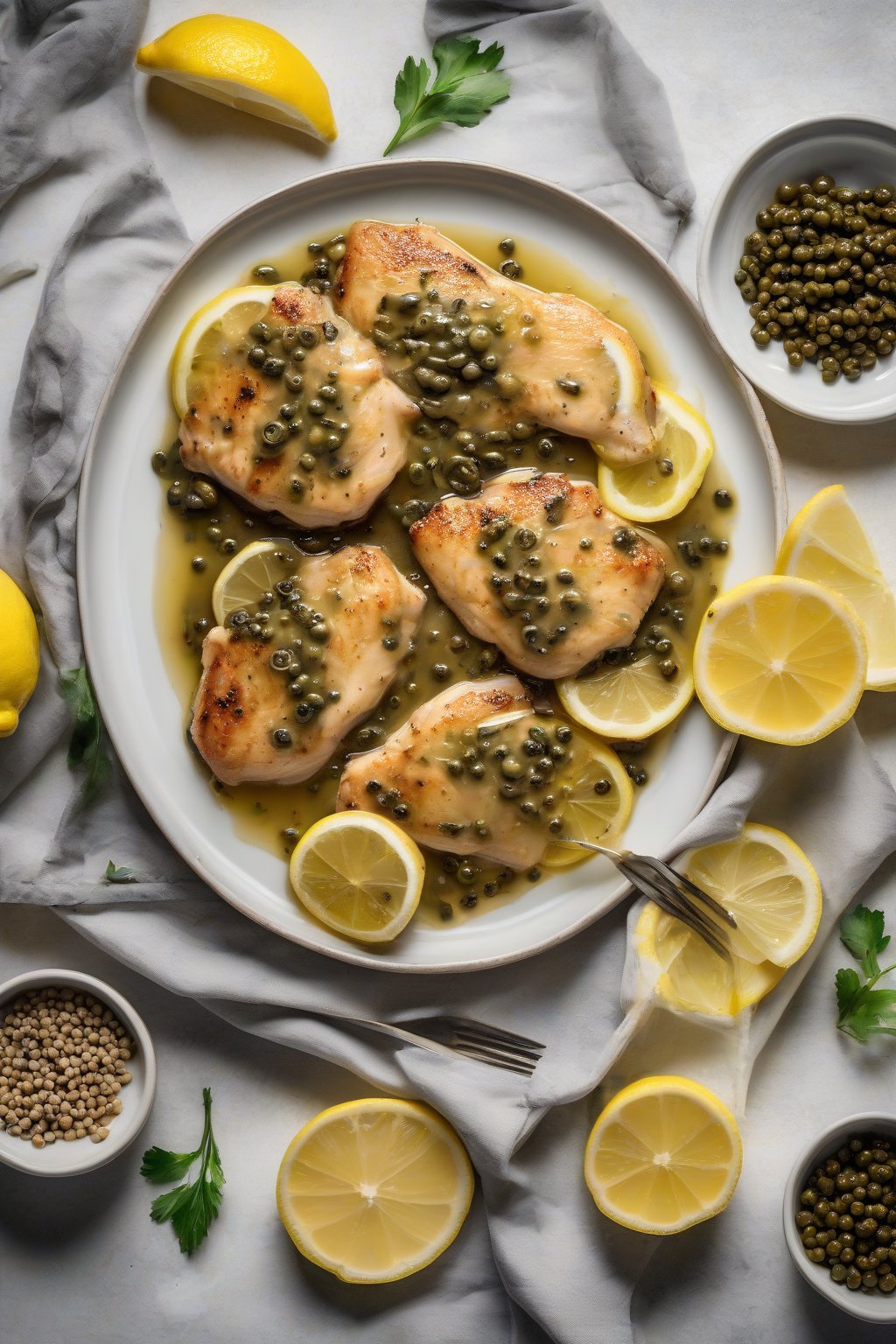 A high-resolution photo of classic lemon chicken piccata on a plate with capers and lemon wheels, under soft lighting.
