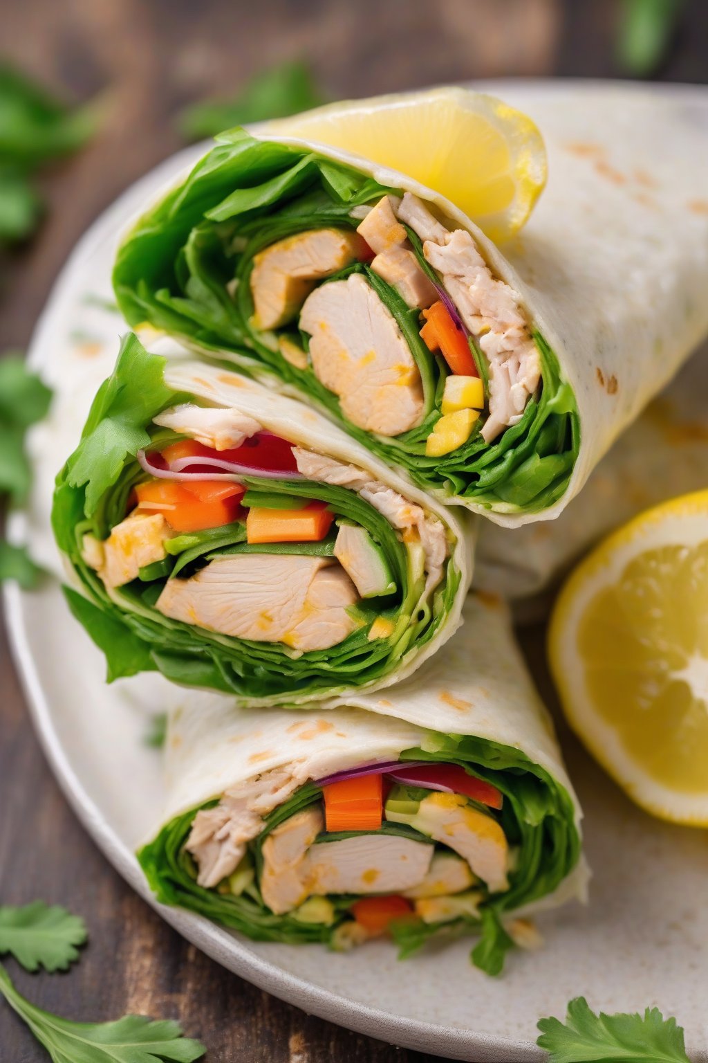 A high-resolution photo of lemon chicken veggie wraps cut in half, revealing fillings under soft lighting.