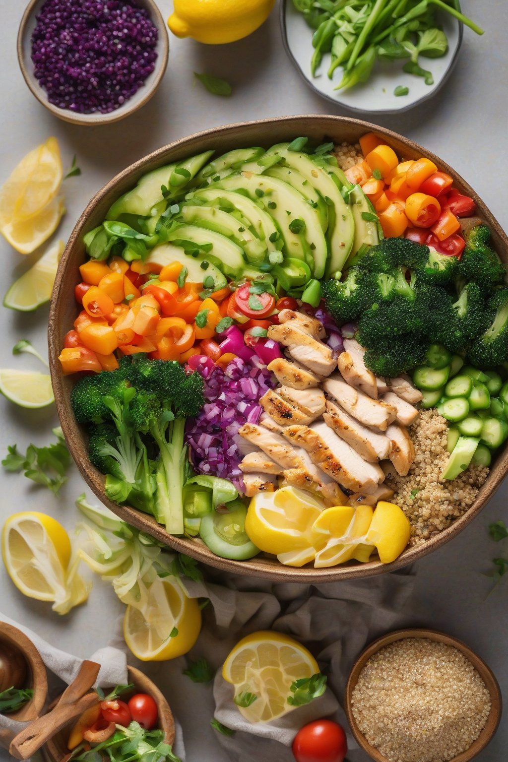 A high-resolution photo of lemon chicken quinoa bowl with colorful veggies arranged neatly, under soft lighting.