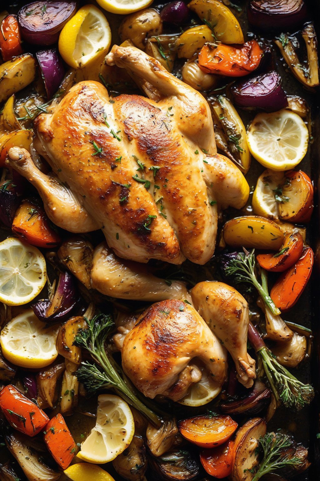 A high-resolution photo of sheet pan lemon chicken with roasted veggies, golden and steaming under soft lighting.