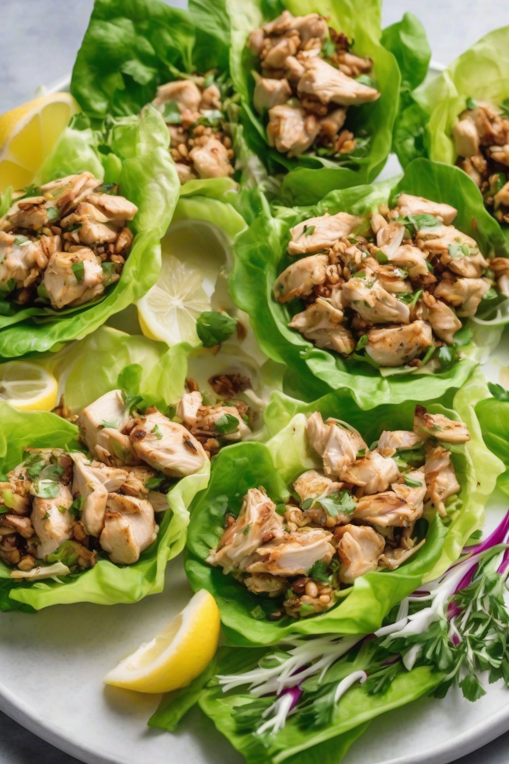 A high-resolution photo of lemon herb chicken lettuce cups on a platter with garnishes, under soft lighting.