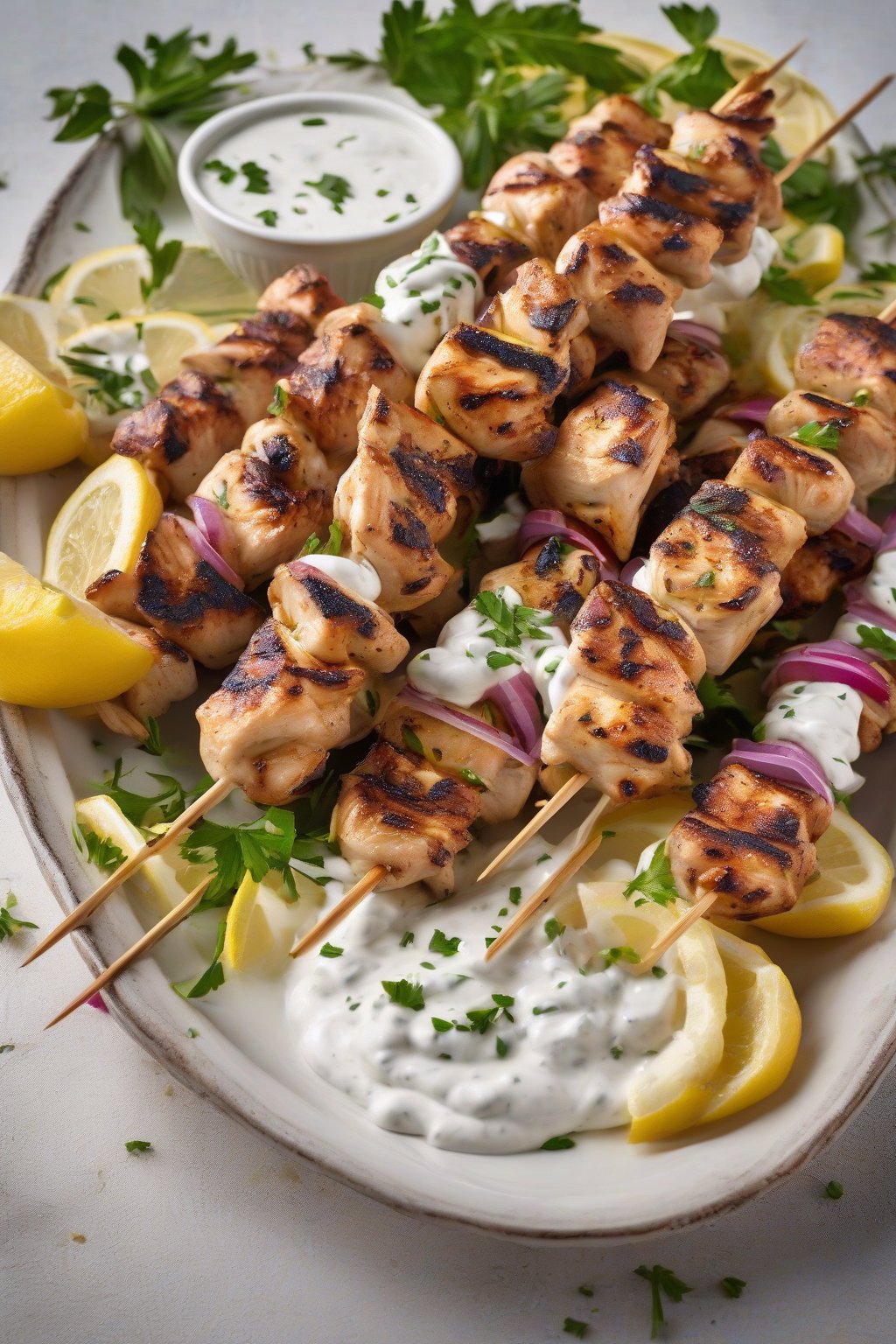 A high-resolution photo of Greek lemon chicken souvlaki skewers with yogurt dip, under soft lighting.