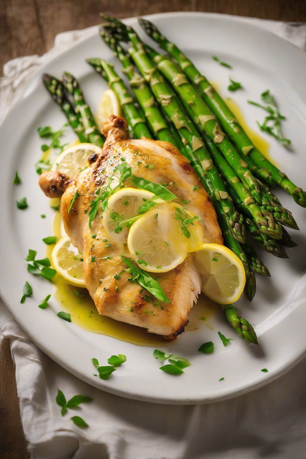 A high-resolution photo of lemon chicken with bright green asparagus on a plate, lemon drizzled over under soft lighting.