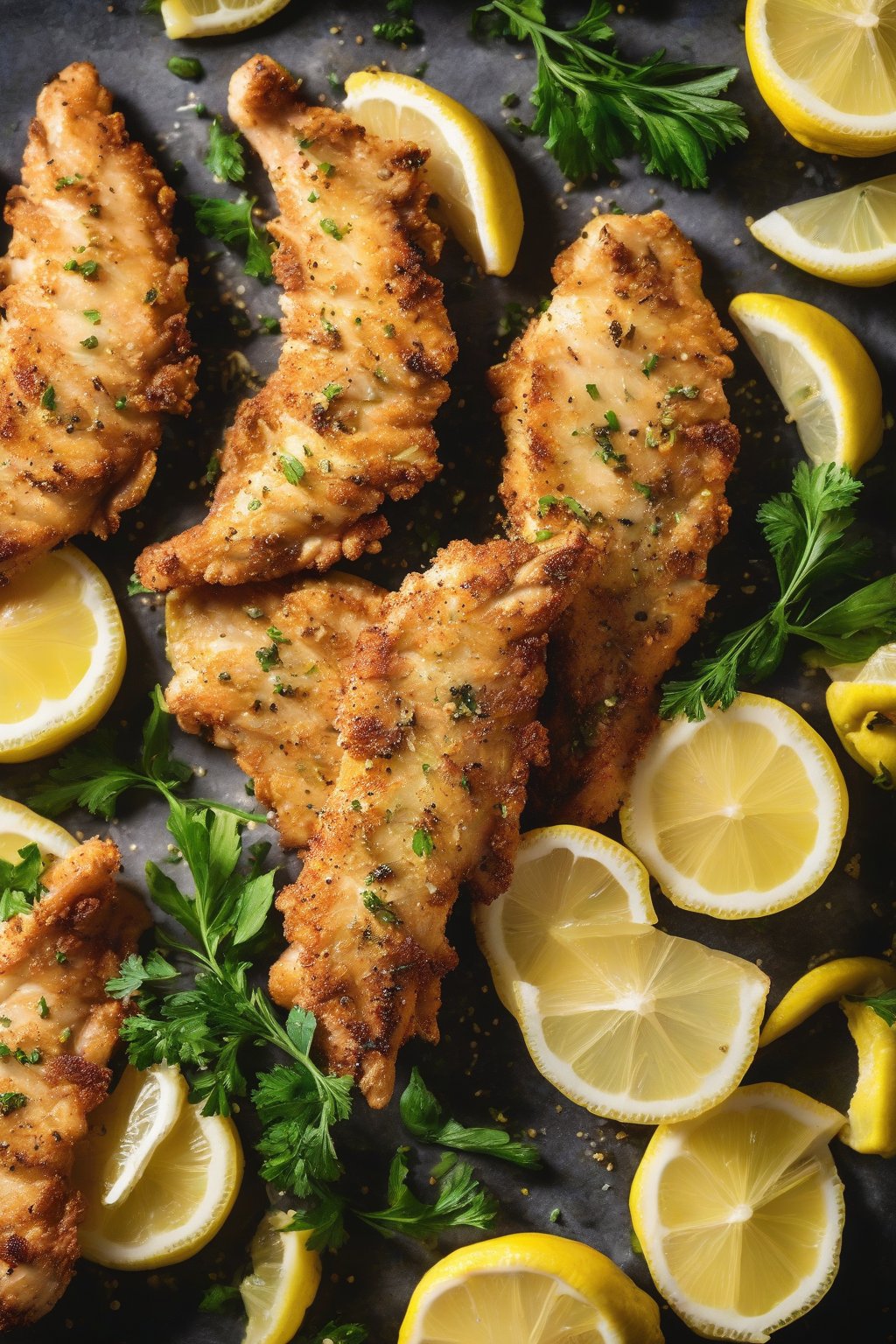 A high-resolution photo of air-fried lemon pepper chicken tenders stacked with lemon wedges, under soft lighting.