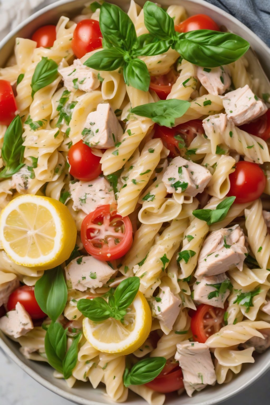 A high-resolution photo of lemon chicken pasta salad in a bowl with fresh herbs and tomatoes, under soft lighting.