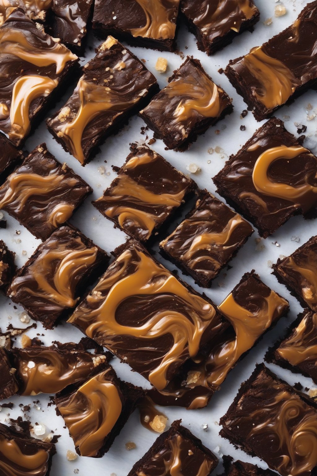 A high-resolution photo of Salted Caramel Fudge Vortex Brownies, golden caramel swirls melting into dense fudgy chocolate, sprinkled with flaky sea salt under soft lighting.