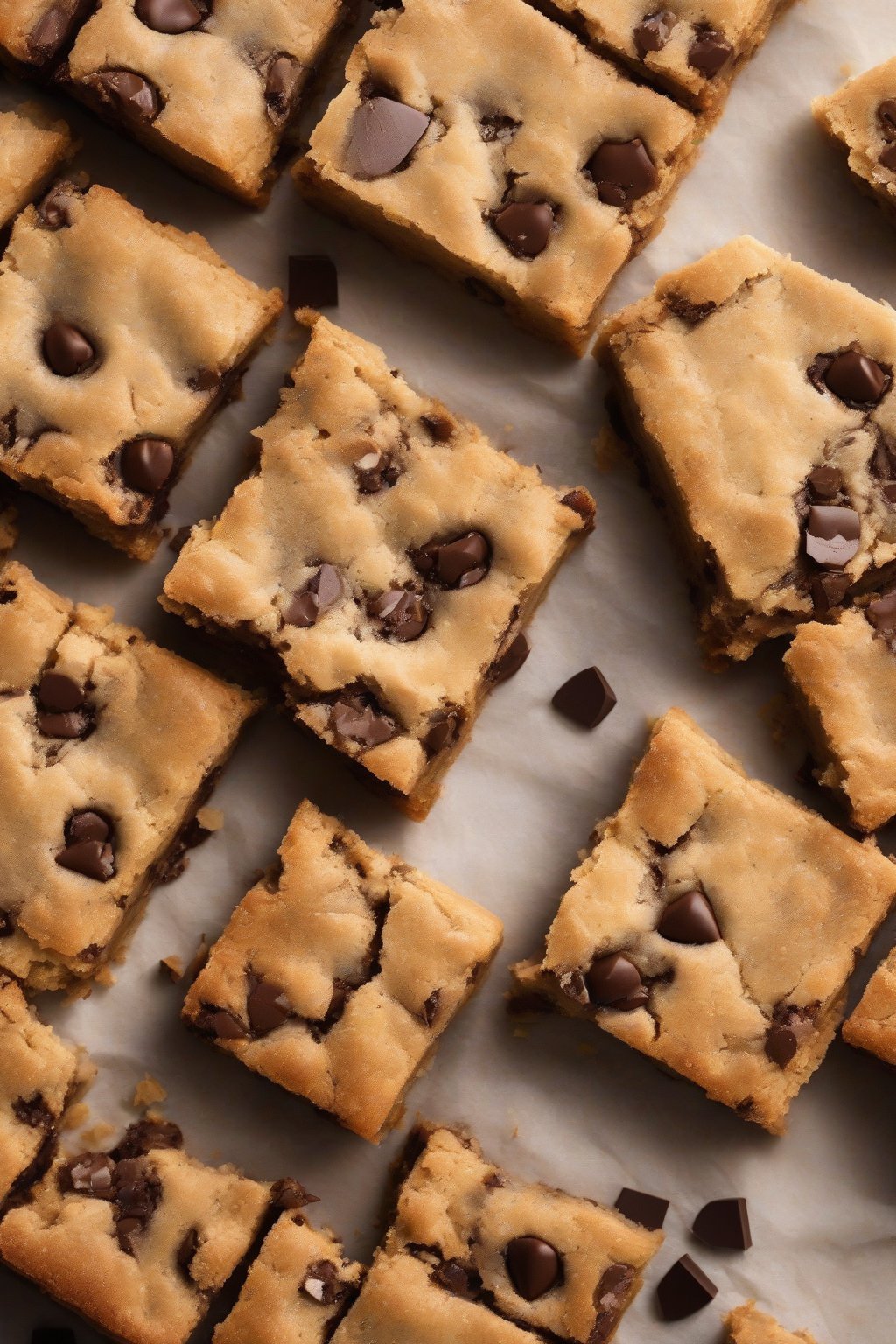 A high-resolution photo of classic chewy blondies with gooey chocolate chips, cut into squares, under soft lighting.