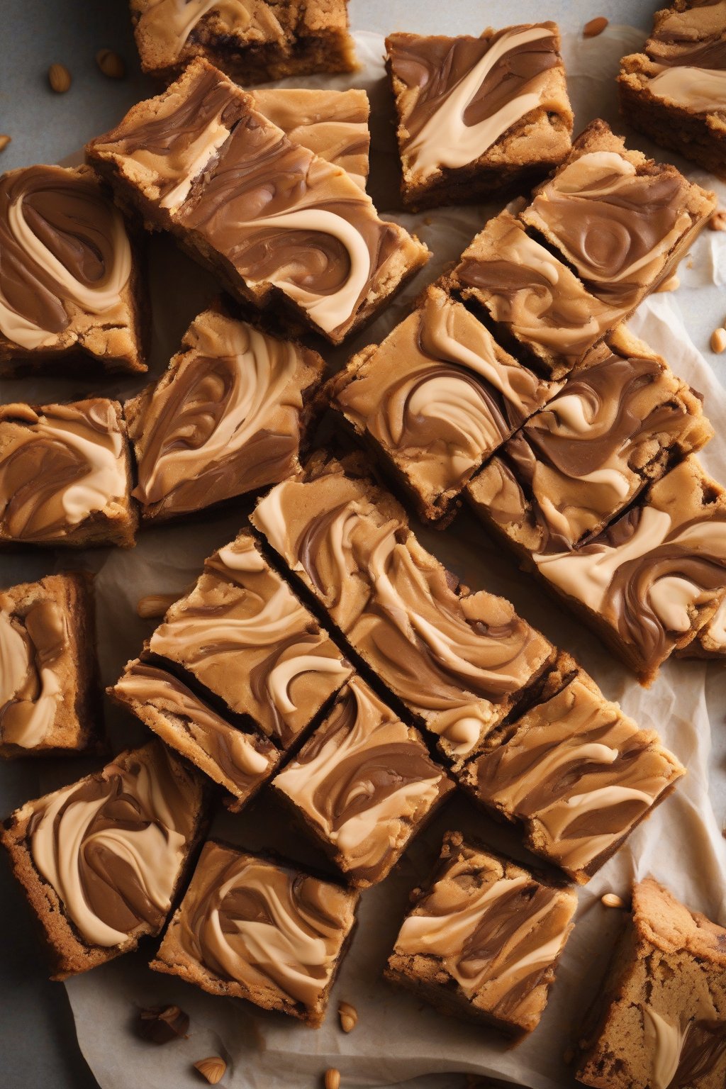 A high-resolution photo of peanut butter swirl chewy blondies with visible creamy swirls, stacked on a plate, under soft lighting.