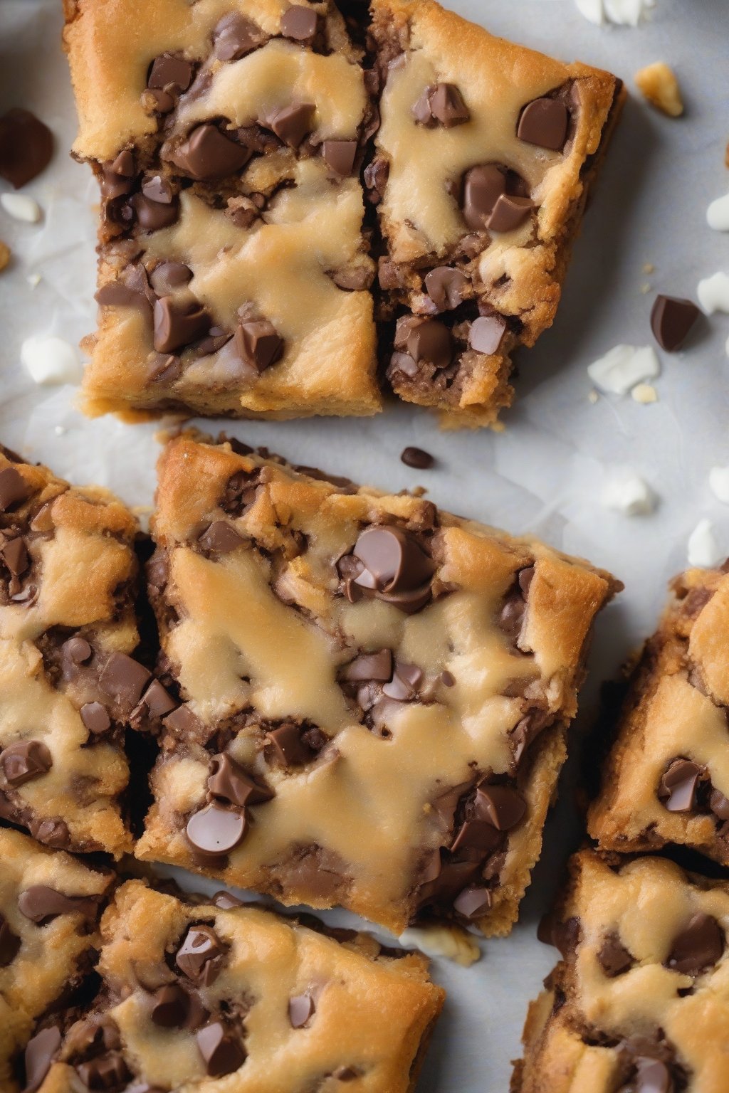 A high-resolution photo of loaded chocolate chip chewy blondies oozing melted chips, fresh from the oven, under soft lighting.